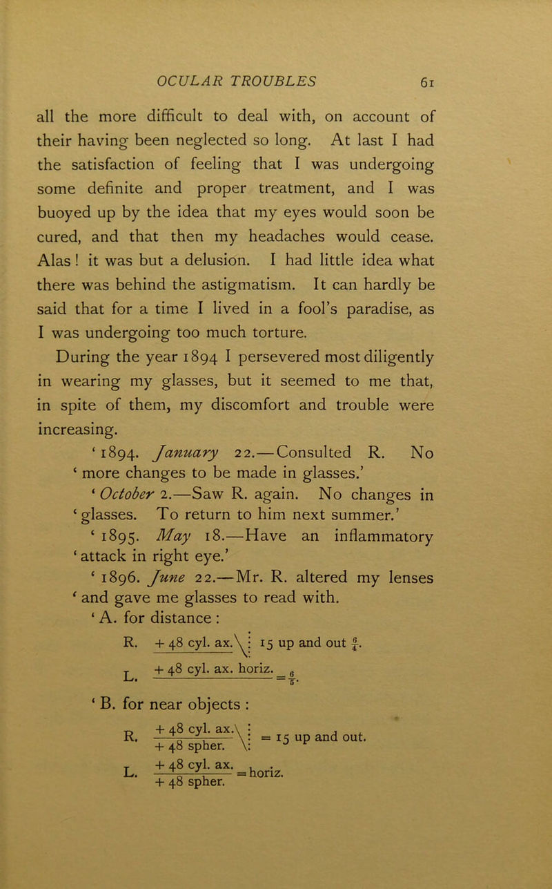 all the more difficult to deal with, on account of their having been neglected so long. At last I had the satisfaction of feeling that I was undergoing some definite and proper treatment, and I was buoyed up by the idea that my eyes would soon be cured, and that then my headaches would cease. Alas! it was but a delusion. I had little idea what there was behind the astigmatism. It can hardly be said that for a time I lived in a fool’s paradise, as I was undergoing too much torture. During the year 1894 I persevered most diligently in wearing my glasses, but it seemed to me that, in spite of them, my discomfort and trouble were increasing. ‘ 1894. January 22.—Consulted R. No ‘ more changes to be made in glasses.’ ‘ October 2.—Saw R. again. No changes in ‘glasses. To return to him next summer.’ ‘ 1895. May 18.—Have an inflammatory ‘ attack in right eye.’ ‘ 1896. June 22.—Mr. R. altered my lenses ‘ and gave me glasses to read with. ‘ A. for distance : + 48 cyl. ax. horiz. ’# ‘ B. for near objects :