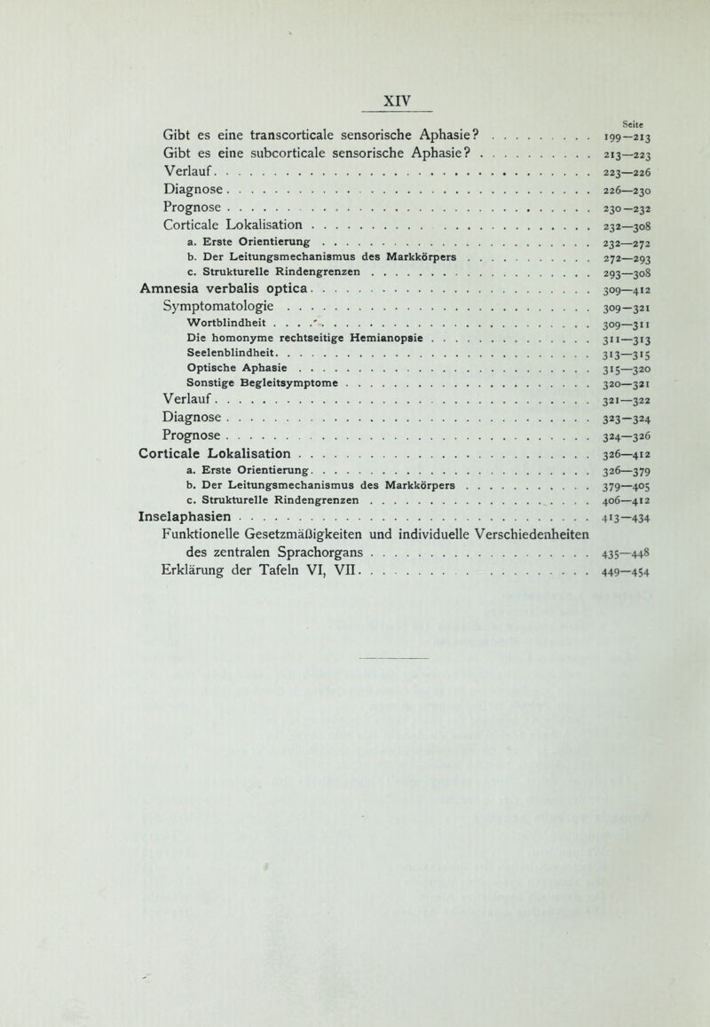 Seite Gibt es eine transcorticale sensorische Aphasie? 199—213 Gibt es eine subcorticale sensorische Aphasie? 213—223 Verlauf 223—226 Diagnose 226—230 Prognose 230—232 Corticale Lokalisation 232—308 a. Erste Orientierung 232—272 b. Der Leitungsmechanismus des Markkörpers 272—293 c. Strukturelle Rindengrenzen 293—308 Amnesia verbalis optica 309—412 Symptomatologie 309—321 Wortblindheit . . . 309—311 Die homonyme rechtseitige Hemianopsie 311—313 Seelenblindheit 313—315 Optische Aphasie 315—320 Sonstige Begleitsymptome 320—321 Verlauf 321—322 Diagnose 323—324 Prognose 324—326 Corticale Lokalisation 326—412 a. Erste Orientierung 326—379 b. Der Leitungsmechanismus des Markkörpers 379—405 c. Strukturelle Rindengrenzen 406—412 Inselaphasien 413—434 Funktionelle Gesetzmäßigkeiten und individuelle Verschiedenheiten des zentralen Sprachorgans 435—448 Erklärung der Tafeln VI, VII 449—454