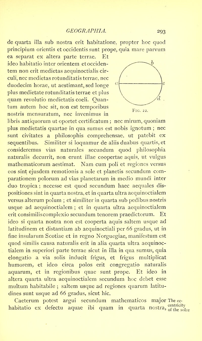 de quarta illa sub nostra erit habitatione, propter hoc quod principium orientis et occidentis sunt prope, quia mare parvum ea separat ex altera parte terrae. Et ideo habitatio inter orientem et occiden- tem non erit medietas aequinoctialis cir- culi, nec medietas rotunditatis terrae, nec duodecim horae, ut aestimant, sed longe ° plus medietate rotunditatis terrae et plus quam revolutio medietatis coeli. Quan- tum autem hoc sit, non est temporibus ... Fig. 22. nostris mensuratum, nec invenimus 111 libris antiquorum ut oportet certificatum ; nec mirum, quoniam plus medietatis quartae in qua sumus est nobis ignotum ; nec sunt civitates a philosophis comprehensae, ut patebit ex sequentibus. Similiter si loquamur de aliis duabus quartis, et consideremus vias naturales secundum quod philosophia naturalis decurrit, non erunt illae coopertae aquis, ut vulgus mathematicorum aestimat. Nam cum poli et regiones versus eos sint ejusdem remotionis a sole et planetis secundum com- parationem polorum ad vias planetarum in medio mundi inter duo tropica ; necesse est quod secundum haec aequales dis- positiones sint in quarta nostra, et in quarta ultra aequinoctialem versus alterum polum ; et similiter in quarta sub pedibus nostris usque ad aequinoctialem ; et in quarta ultra aequinoctialem erit consimilis complexio secundum tenorem praedictorum. Et ideo si quarta nostra non est cooperta aquis saltem usque ad latitudinem et distantiam ab aequinoctiali per 66 gradus, ut in fine insularum Scotiae et in regno Norguegiae, manifestum est quod similis causa naturalis erit in alia quarta ultra aequinoc- tialem in superiori parte terrae sicut in illa in qua sumus, quia elongatio a via solis inducit frigus, et frigus multiplicat humorem, et ideo circa polos erit congregatio naturalis aquarum, et in regionibus quae sunt prope. Et ideo in altera quarta ultra aequinoctialem secundum hoc debet esse multum habitabile ; saltem usque ad regiones quarum latitu- dines sunt usque ad 66 gradus, sicut hic. Caeterum potest argui secundum mathematicos major The ec- habitatio ex defectu aquae ibi quam in quarta nostra, oTthTsol