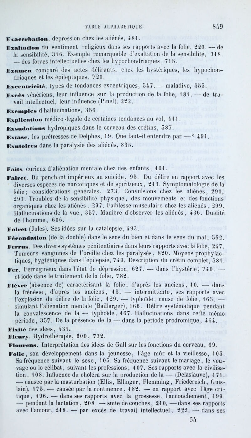 Exacerbation, dépression chez les aliénés, 481. Exaltation du sentiment religieux dans ses rapports avec la folie, 220. — de la sensibilité, 316. Exemple remarquable d’exaltation de la sensibilité, 318. — des forces intellectuelles chez les hypochondriaques, 715. Examen comparé des actes délirants, chez les hystériques, les hypochon- driaques et les épileptiques. 720. Excentricité, types de tendances excentriques, 547. —maladive, 555. Excès vénériens, leur influence sur la production de la folie, 181. —de tra- vail intellectuel, leur influence (Pinel), 222. Exemples d’hallucinations, 356. Explication médico -légale de certaines tendances au vol, 411. Exsudations hydropiques dans le cerveau des crétins, 587. Extase, les prêtresses de Delphes, 19. Que faut-il entendre par —? 491. Exutoires dans la paralysie des aliénés, 835. Eaits curieux d’aliénation mentale chez des enfants, 1 01. Falret. Du penchant impérieux au suicide, 95. Du délire en rapport avec les diverses espèces de narcotiques et de spiritueux, 213. Symptomatologie de la folie: considérations générales, 273. Convulsions chez les aliénés, 290, 297. Troubles de la sensibilité physique, des mouvements et des fonctions organiques chez les aliénés , 297. Faiblesse musculaire chez les aliénés, 299. Hallucinations de la vue, 357. Manière d’observer les aliénés, 436. Dualité de l’homme, 606. Falret (Jules). Ses idées sur la catalepsie, 493. Fécondation (de la double) dans le sens du bien et dans le sens du mal, 562. Ferrus. Des divers systèmes pénitentiaires dans leurs rapports avec la folie, 247. Tumeurs sanguines de l’oreille chez les paralysés, 820. Moyens prophylac- tiques, hygiéniques dans l’épilepsie, 749. Description du crétin complet, 581. Fer. Ferrugineux dans l’état de dépression, 627. — dans l’hystérie' 740. — et iode dans le traitement de la folie, 782. Fièvre (absence de) caractérisant la folie, d’après les anciens, 10. —■ dans la frénésie, d’après les anciens, 15. — intermittente, ses rapports avec l’explosion du délire de la folie, 129. — typhoïde, cause de folie, 165. — simulant l’aliénation mentale (Baillarger), 166. Délire systématique pendant la convalescence de la — typhoïde, 167. Hallucinations dans cet’te même période, 357. De la présence de la — dans la période prodromique, 464. Fixité des idées, 431. Fleury. Hydrothérapie, 600, 732. Fiourens. Interprétation des idées de Gall sur les fonctions du cerveau, 69. Folie, son développement dans la jeunesse, l’âge mûr et la vieillesse, 105, Sa fréquence suivant le sexe, 105. Sa fréquence suivant le mariage, le veu- vage ou le célibat, suivant les professions, 1 07. Ses rapports avec la civilisa- tion . 108. Influence du choléra sur la production de la — (Delasiauve), 171. — causée par la masturbation (Ellis, Ellinger, Flemming, Friedereich, Guis- lain), 175. •— causée par la continence , 182. — en rapport avec l’âge cri- tique , 196. —dans ses rapports avec la grossesse, 1 accouchement, 199. — pendant la lactation, 208. — suite découches, 210, —dans ses rapports avec l’amour, 218. — par excès de travail intellectuel, 222. — dans ses 5û