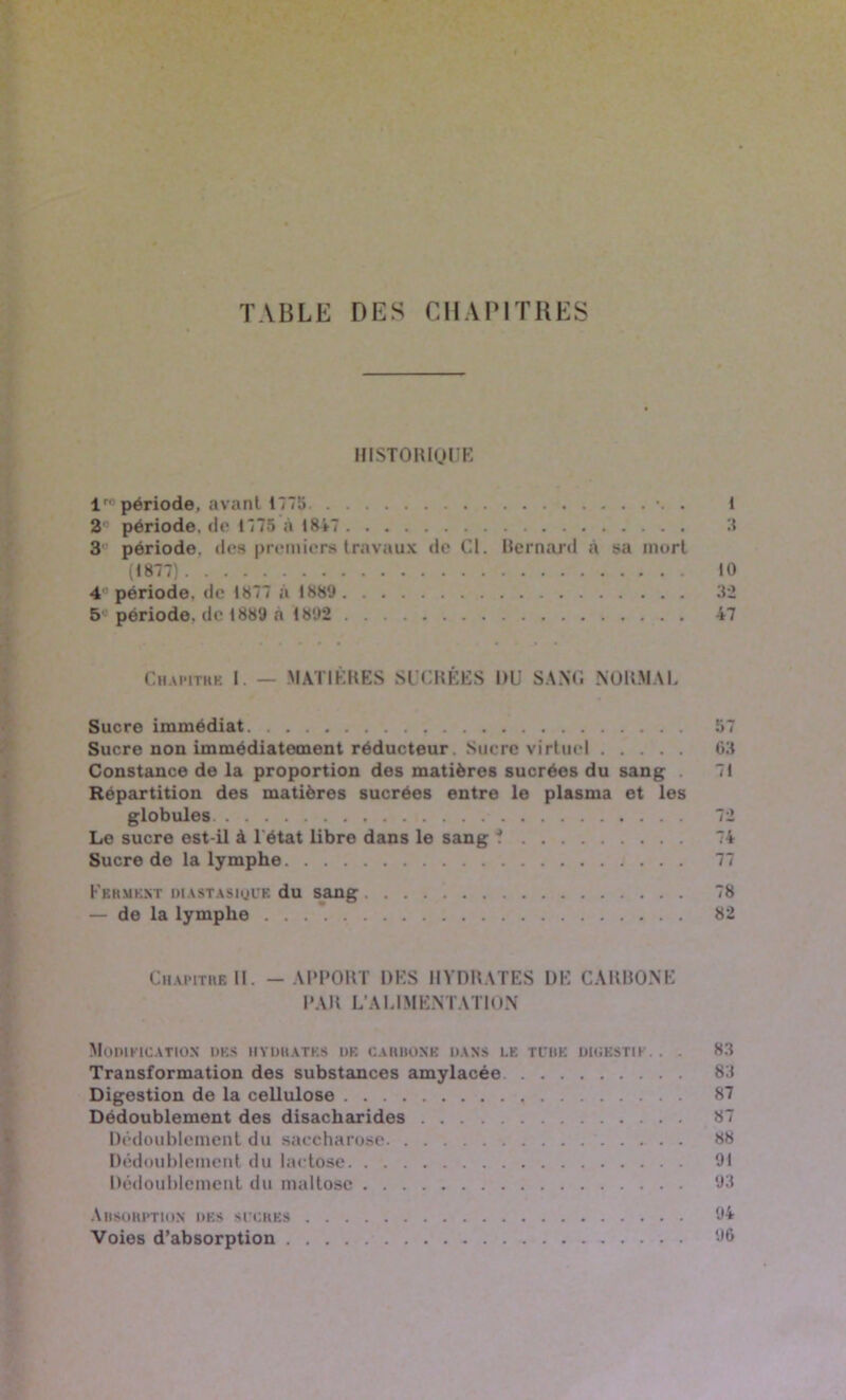 TABLE DES CHAPITRES HISTORIQUE V' période, avant 1775 \ . 2' période, de 1775 à 1847 3 période, des premiers travaux de Cl. Bernard à sa mort (1877) 4'' période, de 1877 à 1889 5* période, de 1889 à 1892 Chapitre I. — MATIÈRES SUCRÉES DU SANG NORMAL Sucre immédiat Sucre non immédiatement réducteur. Sucre virtuel Constance de la proportion des matières sucrées du sang Répartition des matières sucrées entre le plasma et les globules Le sucre est-il à l'état libre dans le sang ? Sucre de la lymphe FERMENT DIASTASIQUE du sang — de la lymphe Chapitre II. — APPORT DES HYDRATES DE CARBONE PAR L’ALIMENTATION Modification des hydrates de carbone dans le tube digestif. . . Transformation des substances amylacée Digestion de la ceUulose Dédoublement des disacharides Dédoublement du saccharose Dédoublement du lactose Dédoublement du maltosc 1 3 10 32 47 57 g:i 71 72 74 77 / 8 82 83 83 87 87 88 91 93 Absorption des >cgres Voies d’absorption . 94 96