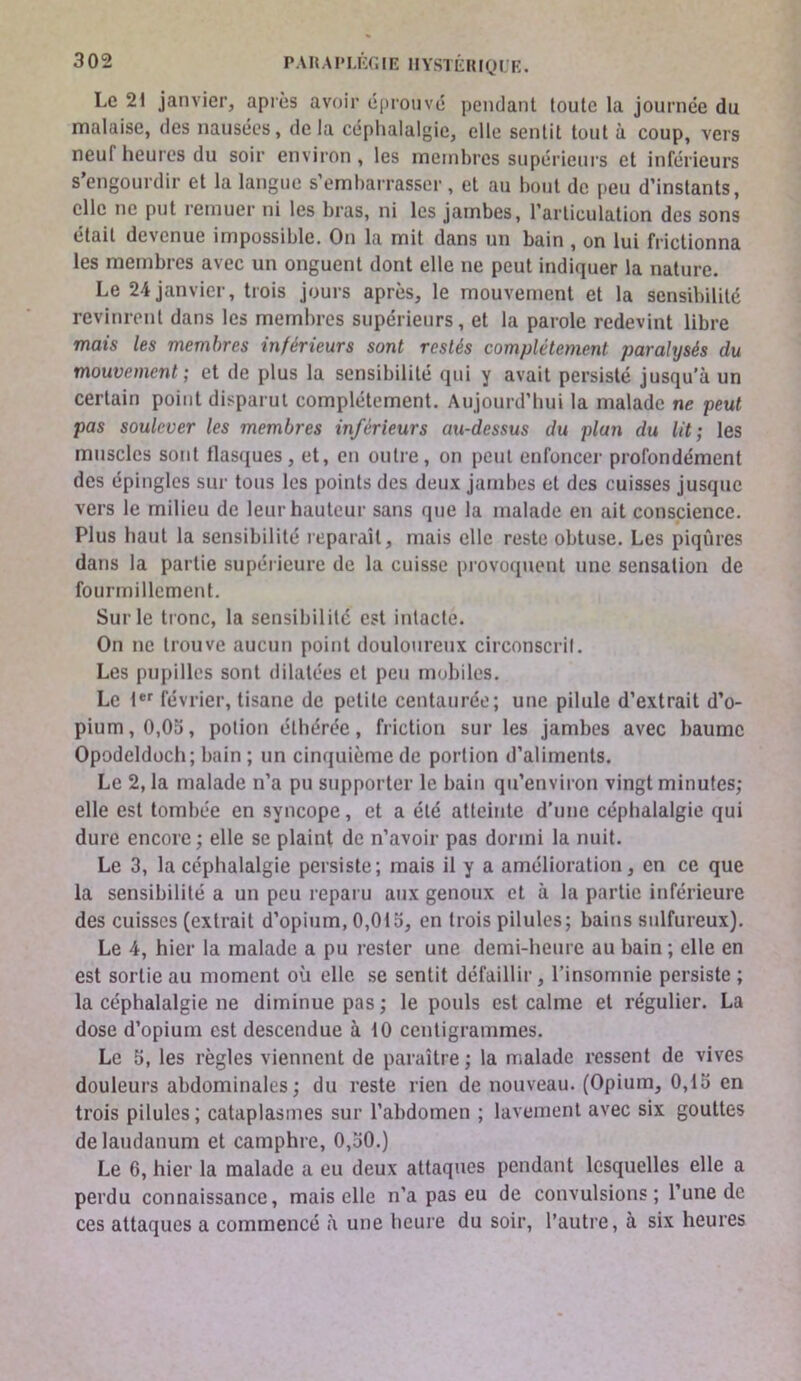 P A1$ A !• LKGIK 11YSTL KIQ l'E. Le 21 janvier, après avoir éprouvé pendant toute la Journée du malaise, des nausées, delà céphalalgie, elle sentit tout à coup, vers neuf heures du soir environ , les membres supérieurs et inférieurs s’engourdir et la langue s’embarrasser , et au bout de peu d’instants, elle ne put remuer ni les bras, ni les jambes, l’articulation des sons était devenue impossible. On la mit dans un bain , on lui frictionna les membres avec un onguent dont elle ne peut indiquer la nature. Le 24janvier, trois jours après, le mouvement et la sensibilité revinrent dans les membres supérieurs, et la parole redevint libre mais les membres inférieurs sont restés complètement paralysés du mouvement; et de plus la sensibilité qui y avait persisté jusqu'à un certain point disparut complètement. Aujourd’hui la malade ne peut pas soulever les membres inférieurs au-dessus du plan du lit; les muscles sont flasques, et, en outre, on peut enfoncei- profondément des épingles sur tous les points des deux jambes et des cuisses jusque vers le milieu de leur hauteur sans que la malade en ait conscience. Plus haut la sensibilité reparaît, mais elle reste obtuse. Les piqûres dans la partie supérieure de la cuisse provoquent une sensation de fourmillement. Sur le tronc, la sensibilité est intacte. On ne trouve aucun point douloureux circonscrit. Les pupilles sont dilatées et peu mobiles. Le l*f février, tisane de petite centaurée; une pilule d’extrait d’o- pium, 0,05, potion éthérée, friction sur les jambes avec baume Opodeldüch; bain ; un cinquième de portion d’aliments. Le 2, la malade n’a pu supporter le bain qu’environ vingt minutes; elle est tombée en syncope, et a été atteinte d’une céphalalgie qui dure encore ; elle se plaint de n’avoir pas dormi la nuit. Le 3, la céphalalgie persiste; mais il y a amélioration, en ce que la sensibilité a un peu reparu aux genoux et à la partie inférieure des cuisses (extrait d’opium, 0,015, en trois pilules; bains sulfureux). Le 4, hier la malade a pu rester une demi-heure au bain ; elle en est sortie au moment où elle se sentit défaillir, l’insomnie persiste ; la céphalalgie ne diminue pas ; le pouls est calme et régulier. La dose d’opium est descendue à 10 centigrammes. Le 5, les règles viennent de paraître ; la malade ressent de vives douleurs abdominales; du reste rien de nouveau. (Opium, 0,15 en trois pilules ; cataplasmes sur l’abdomen ; lavement avec six gouttes de laudanum et camphre, 0,50.) Le 6, hier la malade a eu deux attaques pendant lesquelles elle a perdu connaissance, mais elle n’a pas eu de convulsions; l’une de ces attaques a commencé à une heure du soir, l’autre, à six heures