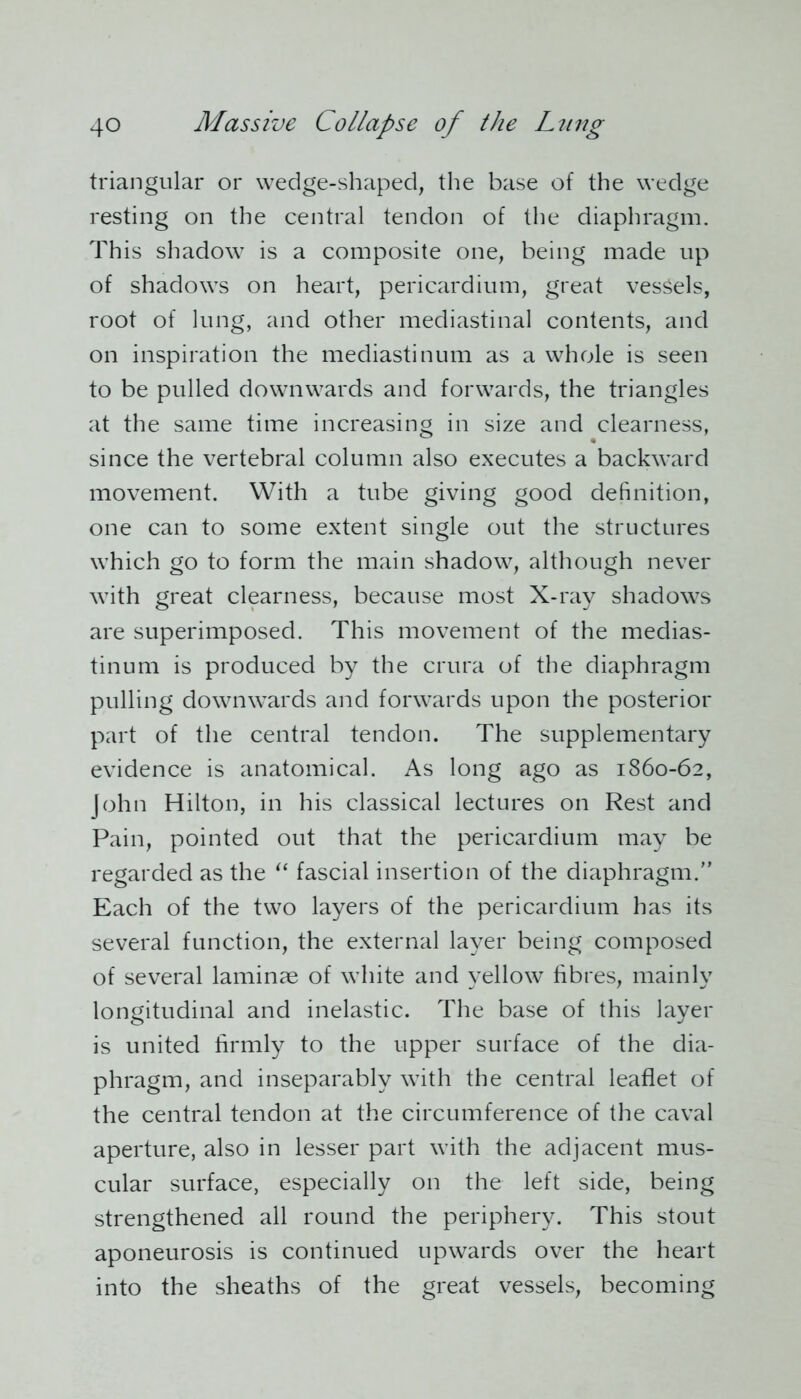 triangular or wedge-shaped, the base of the wedge resting on the central tendon of the diaphragm. This shadow is a composite one, being made up of shadows on heart, pericardium, great vessels, root of lung, and other mediastinal contents, and on inspiration the mediastinum as a whole is seen to be pulled downwards and forwards, the triangles at the same time increasing in size and clearness, since the vertebral column also executes a backward movement. With a tube giving good definition, one can to some extent single out the structures which go to form the main shadow, although never with great clearness, because most X-ray shadows are superimposed. This movement of the medias- tinum is produced by the crura of the diaphragm pulling downwards and forwards upon the posterior part of the central tendon. The supplementary evidence is anatomical. As long ago as 1860-62, John Hilton, in his classical lectures on Rest and Pain, pointed out that the pericardium may be regarded as the “ fascial insertion of the diaphragm.” Each of the two layers of the pericardium has its several function, the external layer being composed of several laminae of white and yellow fibres, mainly longitudinal and inelastic. The base of this layer is united firmly to the upper surface of the dia- phragm, and inseparably with the central leaflet of the central tendon at the circumference of the caval aperture, also in lesser part with the adjacent mus- cular surface, especially on the left side, being strengthened all round the periphery. This stout aponeurosis is continued upwards over the heart into the sheaths of the great vessels, becoming