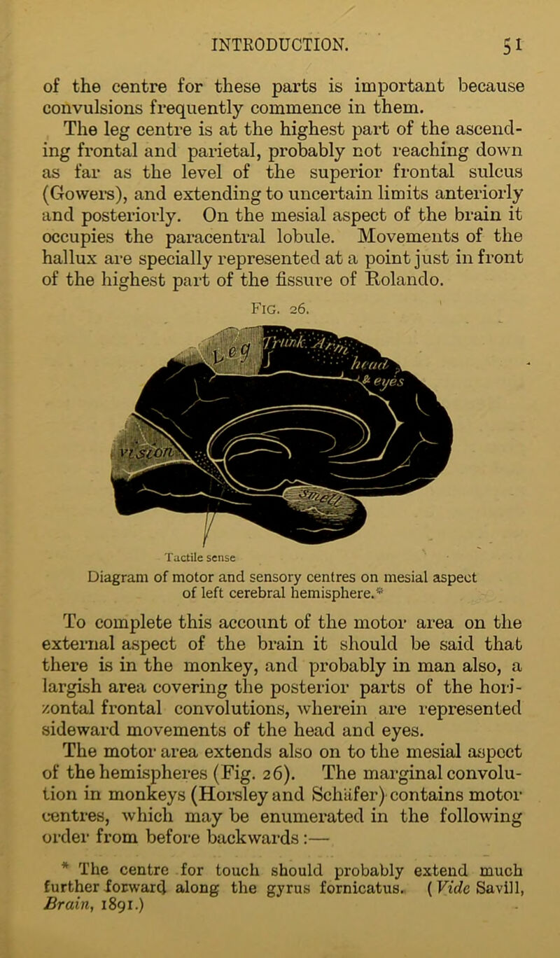 of the centre for these parts is important because convulsions frequently commence in them. The leg centre is at the highest part of the ascend- ing frontal and parietal, probably not reaching down as far as the level of the superior frontal sulcus (Gowers), and extending to uncertain limits anteriorly and posteriorly. On the mesial aspect of the brain it occupies the paracentral lobule. Movements of the hallux are specially represented at a point just in front of the highest part of the fissure of Rolando. Fig. 26. Tactile sense Diagram of motor and sensory centres on mesial aspect of left cerebral hemisphere.* To complete this account of the motor area on the external aspect of the brain it should be said that there is in the monkey, and probably in man also, a largish area covering the posterior parts of the hori- zontal frontal convolutions, wherein are represented sideward movements of the head and eyes. The motor area extends also on to the mesial aspect of the hemispheres (Fig. 26). The marginal convolu- tion in monkeys (Horsley and Schafer)' contains motor centres, which may be enumerated in the following order from before backwards:— * The centre for touch should probably extend much further forward along the gyrus fornicatus. ( Vide Savill, Brain, 1891.)