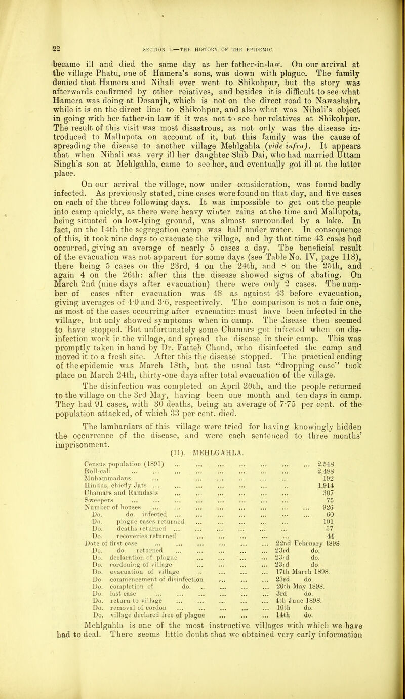became ill and died the same day as her father-in-law. On our arrival at the village Phatu, one of Hamera’s sons, was down with plague. The family denied that Hamera and Nihali ever went to Shikohpur, but the story was afterwards confirmed by other relatives, and besides it is difficult to see what Hamera was doing at Dosanjh, which is not on the direct road to Nawashahr, while it is on the direct line to Shikohpur, and also what was Nihali’s object in going with her father-in law if it was not to see her relatives at Shikohpur. The result of this visit was most disastrous, as not only was the disease in- troduced to Mallupota on account of it, but this family was the cause of spreading the disease to another village Mehlgahla {vide infra). It appears that when Nihali was very ill her daughter Shib Dai, who had married Uttam Singh’s son at Mehlgahla, came to see her, and eventually got ill at the latter place. On our arrival the village, now under consideration, was found badly infected. As previously stated, nine cases were found on that day, and five cases on each of the three following days. It was impossible to get out the people into camp quickly, as there were heavy winter rains at the time aud Mallupota, being situated on low-lying ground, was almost surrounded by a lake. In fact, on the 14th the segregation camp was half under water. In consequence of this, it took nine days to evacuate the village, and by that time 43 cases had occurred, giving an average of nearly 5 cases a day. The beneficial result of tl'.e evacuation was not apparent for some days (see Table No. 1Y, page 118), there being 5 cases on the 23rd, 4 on the 24th, and 8 on the 25th, and again 4 on the 26th: after this the disease showed signs of abating. On March 2nd (niue days after evacuation) there were only 2 cases. The num- ber of cases after evacuation was 48 as against 43 before evacuation, giving averages of 4-0 and 3‘6, respectively. The comparison is not a fair one, as most of the cases occurring after evacuation must have been infected in the village, but only showed symptoms when in camp. The disease then seemed to have stopped. But unfortunately some Chamars got infected when on dis- infection work in the village, and spread the disease in their camp. This was promptly taken in hand by Dr. Fatteh Chand, who disinfected the camp and moved it to a fresh site. After this the disease stopped. The practical ending of the epidemic was March 18th, but the usual last “dropping case” took place on March 24th, thirty-one days after total evacuation of the village. The disinfection was completed on April 20th, and the people returned to the village on the 3rd May, having been one month and ten days in camp. They had 91 cases, with 30 deaths, being an average of 775 per cent, of the population attacked, of which 33 per cent. died. The lambardars of this village wrere tried for having knowingly hidden the occurrence of the disease, and were each sentenced to three months5' imprisonment. (13). MEHLGAHLA. Census population (1891) ... ... ... 2.548 Roll-ca 11 ... ... 2,488 Muhammadans 192 Hindus, chiefly Jats ... 1,914 Chamars and Ramdasis • • • 307 Sweepers Number of houses • . • 75 ... • • * 926 Do. do. infected • • • ... 60 Do. plague cases returned 101 Do. deaths returned • • • t • . ... 57 Do. recoveries returned 44 Date of first case ... 22nd February 1898 Do. do. returned ... ... ... 23 rd do. Do. declaration of plague ... 23 rd do. Do. cordoning of village ... ... 23rd do. Do. evacuation of village ... 17th March 1898- Do. commencement of disinfection r «• ... 23rd do. Do. completion of do. • •9 ... ... 20tli May 1898. Do. last case ... ... ... 3rd do. Do. return to village ... 4th J une 1898. Do. removal of cordon • • • ... 10th do. Do. village declared free of plague ... ... 14th do. Mehlgahla is one of the most instructive villages with which we have had to deal. There seems little doubt that we obtained very early information