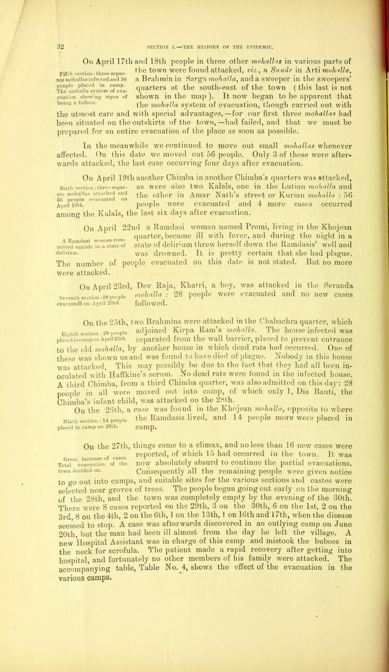 On April 17th and 18th people in three other mohallas in various parts of the town were found attacked, viz., a Suricir in Avti mohalla, a Brahmin in Sarga mohalla, and a sweeper in the sweepers’ quarters at the south-east of the town (this last is not shown in the map ). It now began to be apparent that the mohalla system of evacuation, though carried out with the utmost care and with special advantages,—for our first three mohallas had been situated on the outskirts of the town,—had failed, and that we must be prepared for an entire evacuation of the place as soon as possible. Pif tli section : three separ- ate mohallas infected and 56 people placed in camp. The mohalla system of eva- cuation showing' signs of being a failure. In the meanwhile we continued to move out small mohallas whenever affected. On this date we moved out 56 people. Only 3 of these were after- wards attacked, the last case occurring four days after evacuation. On April 19th another Chimba in another Chimba's quarters was attacked, Sixth section:three separ- as were also two Kalals, one in the Lutian mohalla and ate mohallas attacked and £p0 0ther jn Amar Nath’s street or Kurian mohalla : 56 56 people evacuated on , , . April 19th. people were evacuated and 4 more cases occurred among the Kalals, the last six days after evacuation. On April 22nd a Ramdasi woman named Premi, living in the Khojean quarter, became ill with fever, and during the night in a mated*1 suicide7n a!state'of state of deliruun threw herself down the Ramdasis’ well and delirium. was drowned. It is pretty certain that she had plague. The number of people evacuated on this date is not stated. But no more were attacked. On April 23rd, Dev Raja, Khatri, a boy, was attacked in the iSeranda Seventh section:28people mohalla : 28 people were evacuated and no new cases evacuate'd on April 23rd. followed. On the 25th, two Brahmins were attacked in the Chabachra quarter, which Eighth section •.28 people adjoined Kirpa Ram’s mo/n/k. The house infected was placed in campon Aprii25th. separated from the wall barrier, placed to prevent entrance to the old mohalla, by another house in which dead rats had occurred. One of these was shown us and was found to have died of plague. Nobody in this house was attacked. This may possibly be due to the fact that they had all been in- oculated with Haffkine’s serum. No dead rats were found in the infected house. A third Chimba, from a third Chimba quarter, was also admitted on this day: 28 people in all were moved out into camp, of which only 1, Dia Banti, the Chimba’s infant child, was attacked on the 28th. . On the 26tli, a case was found in the Khojean mohalla, opposite to where Ninth section: 14 people the Ramdasis lived, and 14 people more were placed in placed in camp on 26th. camp. On the 27th, things came to a climax, and no less than 16 new cases were „ reported, of which 15 had occurred in the town. It was Total evacuation of the now absolutely absurd to continue the partial evacuations, town decided on. Consequently all the remaining people were given notice to go out into camps, and suitable sites for the various sections and castes were selected near groves of trees. The people began going out early on the morning of the 28tli, and the town was completely empty by the evening of the 30th. There were 8 cases reported on the 29th, 3 on the 30th, 6 on the 1st, 2 on the 3rd, 8 on the 4tli, 2 on lhe 6th, 1 on the 13th, 1 on 16th and 17th, when the disease seemed to stop. A case was afterwards discovered in an outlying camp on June 20tli but the man had been ill almost from the day he left the village. A new Hospital Assistant was in charge of this camp and mistook the buboes in the neck for scrofula. The patient made a rapid recovery after getting into hospital, and fortunately no other members of his family were attacked. The accompanying table, Table No. 4, shows the effect of the evacuation in the various camps.