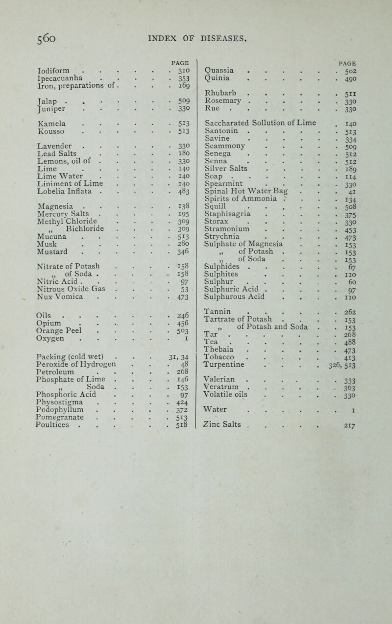 Iodiform Ipecacuanha Iron, preparations oi J alap . Juniper Kamela Kousso Lavender Lead Salts Lemons, oil of . Lime Lime Water Liniment of Lime Lobelia Inflata . Magnesia Mercury Salts Methyl Chloride „ Bichloride Mucuna Musk Mustard Nitrate of Potash „ of Soda . Nitric Acid . Nitrous Oxide Gas Nux Vomica Oils . Opium Orange Peel Oxygen Packing (cold wet) Peroxide of Hydrogen Petroleum Phosphate of Lime „ Soda Phosphoric Acid Physostigma Podophyllum Pomegranate Poultices . PAGE Quassia 502 Quinia 490 Rhubarb 511 Rosemary . 330 Rue .... 330 Saccharated Sollution of Lime 140 Santonin . 5i3 Savine 334 Scammony 509 Senega 5i2 Senna . . 512 Silver Salts 189 Soap .... 114 Spearmint 330 Spinal Hot Water Bag 4i Spirits of Ammonia .' 134 Squill 508 Staphisagria 375 Storax 330 Stramonium 453 Strychnia 473 Sulphate of Magnesia 153 „ of Potash . 153 ,, of Soda 153 Sulphides . 67 Sulphites no Sulphur 60 Sulphuric Acid . 97 Sulphurous Acid no Tannin 262 Tartrate of Potash 153 „ of Potash and Soda . 153 Tar . 268 Tea 488 Thebaia 473 Tobacco 4i3 Turpentine 326, 513 Valerian 333 Veratrum . 3 63 Volatile oils 330 Water 1 Zinc Salts . 217 PAGE . 310 • 353 . 169 • 509 • 330 • 513 • 5i3 • 330 . 180 • 330 . 140 . 140 . 140 • 483 • 138 • 195 • 309 • 309 • 5i3 . 280 • 346 . 158 . 158 • 97 • 53 • 473 . 246 • 456 • 503 1 3i, 34 48 268 146 153 97 424 372 513 . 518