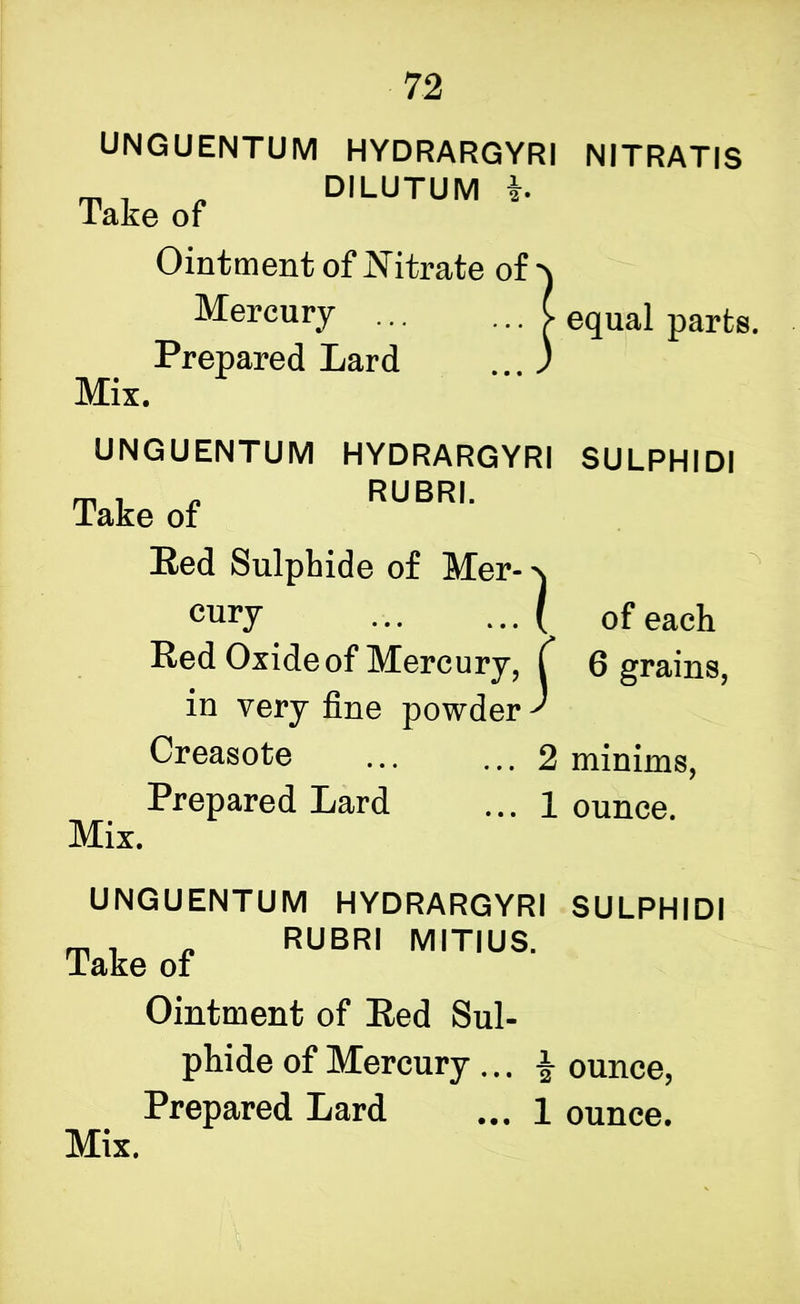 UNGUENTUM Take of HYDRARGYRI DILUTUM b NITRATIS Ointment of titrate of Mercury ... Prepared Lard Mix. | equal parts. UNGUENTUM HYDRARGYRI SULPHIDI Take of RUBRI. Eed Sulphide of Mer- n cury ( of each Red Oxide of Mercury, f 6 grains, in very fine powder ' Creasote ... ... 2 minims, Prepared Lard ... 1 ounce. Mix. UNGUENTUM HYDRARGYRI SULPHIDI _ . . RUBRI MITIUS. Take of Ointment of Red Sul- phide of Mercury ... £ ounce, Prepared Lard ... 1 ounce.