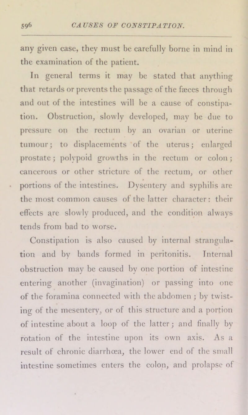 any given case, they must be carefully borne in mind in the examination of the patient. In general terms it may be stated that anything that retards or prevents the passage of the faeces through and out of the intestines will he a cause of constipa- tion. Obstruction, slowly developed, may be due to pressure on the rectum by an ovarian or uterine tumour; to displacements of the uterus; enlarged prostate; polypoid growths in the rectum or colon; cancerous or other stricture of the rectum, or other portions of the intestines. Dysentery and syphilis are the most common causes of the latter character: their effects are slowly produced, and the condition always tends from bad to worse. Constipation is also caused by internal strangula- tion and by bands formed in peritonitis. Internal obstruction may be caused by one portion of intestine entering another (invagination) or passing into one of the foramina connected with the abdomen ; by twist- ing of the mesentery, or of this structure and a portion of intestine about a loop of the latter; and finally by rotation of the intestine upon its own axis. As a result of chronic diarrhoea, the lower end of the small intestine sometimes enters the colon, and prolapse of