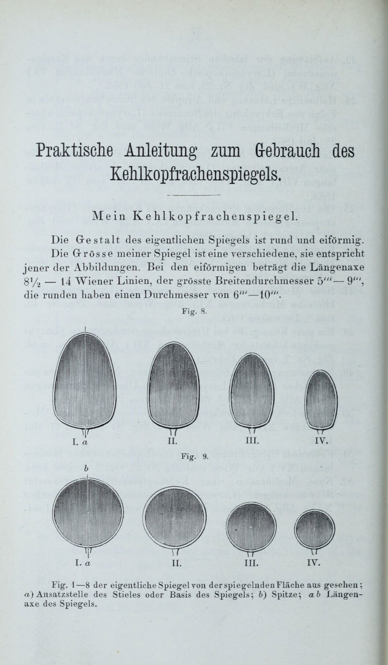 Praktisclie Anleitung zum G-elirauch des Kehlkopfraclienspiegels. Mein K e hl kop f rachen Spiegel. Die Grestalt des eigentlichen Spiegels ist rund und eiförmig. Die Grrösse meiner Spiegel ist eine verschiedene, sie entspricht jener der Abbildungen. Bei den eiförmigen beträgt die Längenaxe S^2 — 14 Wiener Linien, der grösste Breitendurchmesser 5'— 9', die runden haben einen Durchmesser von 6'—10'. Fig. 8. Fig. 1—8 der eigeiitliclie Spiegel von der spiegelnden Fläche aus gesehen; a) Ansatzstelle des Stieles oder Basis des Spiegels; 6) Spitze; ab Längen- axe des Spiegels.