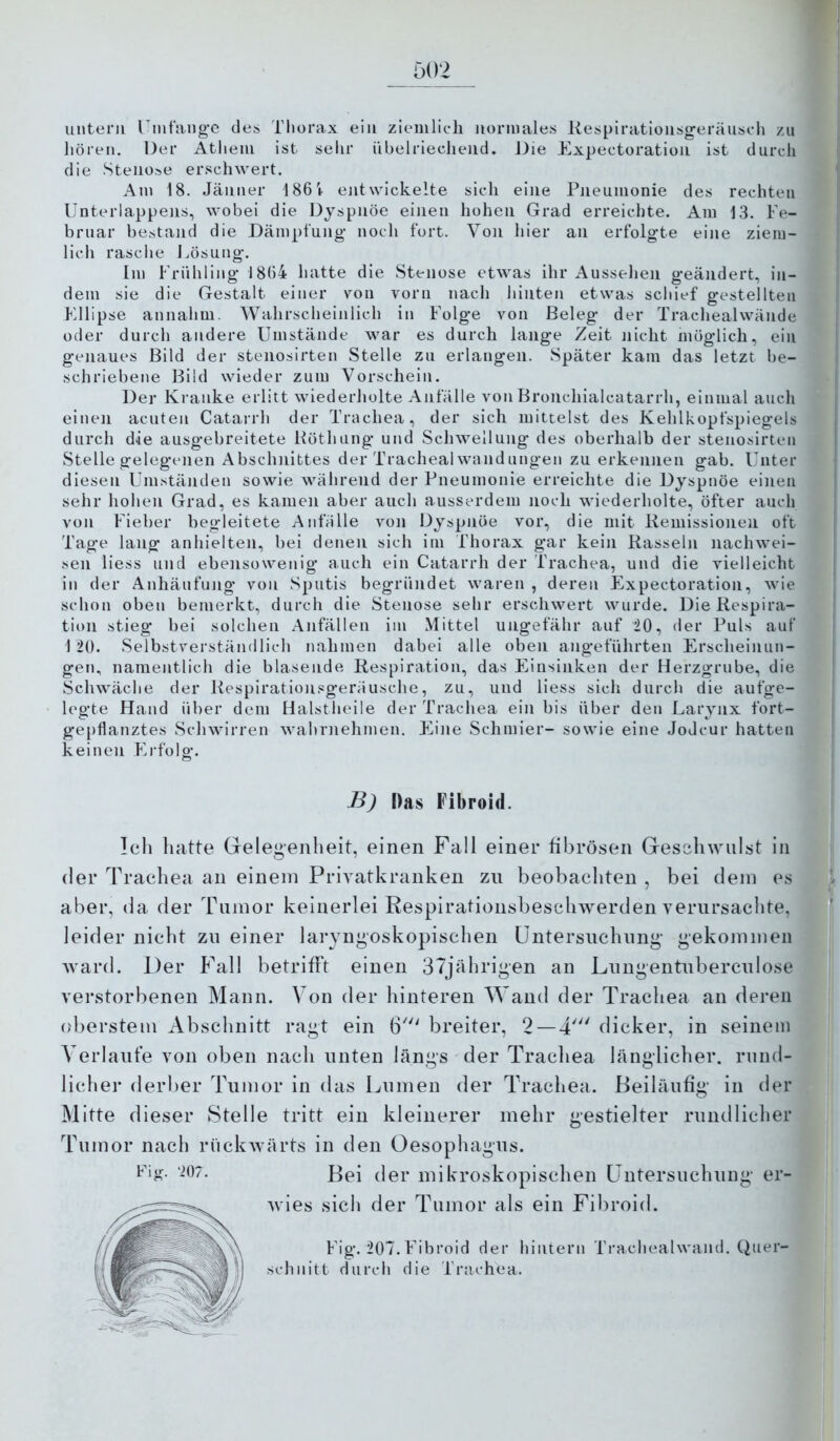 Ö02 iiuteni rmfang-e des Thorax ein ziemlich normales Kespirationsgeränsch zu liöreii. Der Atliem ist sehr nbelrieclieiid. Die Expectoration ist durcli die Stenose erschwert. Am 18. Jänner 186i entwickelte sich eine Pneumonie des rechten Unterlappens, wobei die Dyspnoe einen hohen Grad erreichte. Am 13. Fe- bruar bestand die Dämpfung- noch fort. Von hier an erfolgte eine ziem- lich rasche Lösung. Im Frühling 1804 hatte die Stenose etwas ihr Aussehen geändert, in- dem sie die Gestalt einer von vorn nach liinten etwas schief gestellten Ellipse annahm. Wahrscheinlich in Folge von Beleg der Trachealwände oder durch andere Umstände war es durch lange Zeit nicht möglich, ein genaues Bild der stenosirten Stelle zu erlangen. Später kam das letzt be- schriebene Bild wieder zum Vorschein. Der Kranke erlitt wiederholte Anfälle von Bronchialcatarrh, einmal auch einen acuten Catai-rh der Trachea, der sich mittelst des Kehlkopfspiegels durch die ausgebreitete Böthung und Schwellung des oberhalb der stenosirten Stelle gelegenen Abschnittes der Tracheaiwandungen zu erkennen gab. Unter diesen Umständen sowie während der Pneumonie erreichte die Dyspnöe einen sehr hohen Grad, es kamen aber auch ausserdem Jioch wiederholte, öfter auch von Fieber begleitete Anfalle von Dyspnöe vor, die mit liemissionen oft Tag-e lang anhielten, bei denen sich im Thorax gar kein Rasseln nachwei- sen Hess und ebensowenig auch ein Catarrh der Trachea, und die vielleicht in der Anhäufung von Sputis begründet waren , deren Expectoration, wie schon oben bemerkt, durch die Stenose sehr erschwert wurde. Die Respira- tion stieg bei solchen Anfällen im Mittel ungefähr auf 20, der Puls auf 120. Selbstverständlich nahmen dabei alle oben angeführten Erscheinun- gen, namentlich die blasende Respiration, das Einsinken der Herzgrube, die Schwäche der Respirationsgerausche, zu, und Hess sich durch die aufge- legte Hand über dem Halstheile der Trachea ein bis über den Larynx fort- ge[)flanztes Schwirren wahruehmen. FHne Schmier- sowie eine JoJcur hatten keinen Erfolg. B) l)as Pibroid. Ich lullte Gelegenheit, einen Fall einer fibrösen Gesshwnlst in der Trachea an einem Privatkranken zu beobachten , bei dem es aber, da der Tumor keinerlei Respirationsbeschwerden verursachte, leider nicht zn einer laryngoskopischen Üntersnchnng gekommen ward. Der P^all betrifft einen 37jährigen an Lnngentnbercnlose verstorbenen Mann. Von der hinteren Wand der Trachea an deren oberstem Abschnitt ragt ein 6''^' breiter, 2 — 4' dicker, in seinem Verlaufe von oben nach unten längs der Trachea länglicher, rund- licher derber Tumor in das Lumen der Trachea. Beiläufig in der Mitte dieser Stelle tritt ein kleinerer mehr gestielter rundlicher Tumor nach rückwärts in den Oesophagus. Bei der mikroskopischen üntersnchnng er- wies sich der Tumor als ein Fibroid. Fig. 207.Fibroid der biiiteni Tracliealwaiid. Quer- schnitt durch die Trachea.