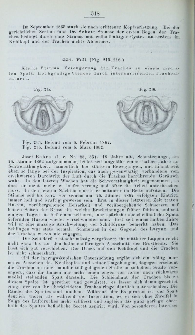 51b Im September 18(i5 starb sie naeli erlittener KoptVerletzmig*. Bei der geriditlieben Section fand L)r. Scliott Stenose der ersten Bogen der Tra- chea bedingt durch eine Struma mit colloidhaltiger Cyste, ausserdem im Kehlkopf und der Trachea nichts Abnormes. S24. Fall. (Fig. ^215,^216.) Kleine Struma. Verengerung der Trachea zu einem media- len Spalt. Hochgradige Stenose durch i n t e r c u r r i r e n d e n l'raclu^al- c a t a r r h. Fig. 215. Befund vom 6. Februar 1 862. Fig. 216. Befund vom 6. i\lärz 1862. Josef Behra (1. c. Nr. 28, 35), 18 Jahre alt, Schusterjunge, am 26. Jänner 1862 aufgenommen, leidet seit ungefähr einem halben Jahre an Sclnverathmigkeit, namentlich bei stärkern Bewegungen, und nimmt seit eben so lange bei der Inspiration, das auch gegenwärtig vorhandene vom erschwerten Durchtritt der Luft durch die Trachea herrührende Geräusch wahr. In den letzten Woclien hat die Schwerathmigkeit zugenommen, so dass er nicht mehr zu laufen vermag und öfter die Arbeit unterbreclien muss. In den letzten Nächten musste er mitunter im Bette aufsitzen. Die Stimme soll bis kurz vor seinem am 26. Jänner 1862 erfolgten Eintritt, immer hell und kräftig gewesen sein. Erst in dieser letzteren Zeit traten Husten, vorübergeJiende Heiserkeit und vorübergehende Schmerzen auf beiden Seiten der Brust ein, welche Ersclieinungen früher fehlten, und seit einigen Tagen bis auf einen seltenen, nur spärliche speichelähnliche Sputa liefernden Husten wieder verschwunden sind. Erst seit einem halben Jahre will er eine mässige Anschwellung der Schilddrüse bemerkt haben. Das Schlingen war stets normal. Schmerzen in der Gegend des Larynx und der Trachea waren nie zugegen. Die Schilddrüse ist sehr mässig vergrössert, ihr mittlerer Lappen reicht nicht o-anz bis an den halbmondförmigen Ausschnitt des Brustbeins. Sie lässt sich gut verschieben. Der Druck auf den Kehlkopf und die Trachea ist nicht schmerzhaft. Bei der laryngoskopischen Untersuchung ergibt sich ein völlig nor- males Aussehen des Kehlkopfes und seiner Umgebungen, dagegen erscheint die Trachen an einer minder tief gelegenen Stelle in so hohem Grade ver- eng-ert, dass ihr Lumen nur mehr einen engen von vorne nach rückwärts medial stehenden Spalt darstellt. Die Schleimhaut der Trachea bis zu diesem Spalte ist geröthet und gewulstet, es lassen sich demungeachtet einig-e der von ihr überkleideten Trachealringe deutlich unterscheiden. Die Ränder des Spaltes sind uneben. Während der Exspiration ist der Spalt deutlich weiter als während der Inspiration, wo er sich ohne Zweifel in Folge des Luftdruckes mehr schliesst und zugleich das ganz geringe ol)er- halb des Spaltes belindliche Secret aspirirt wird. Von besonderem Interesse
