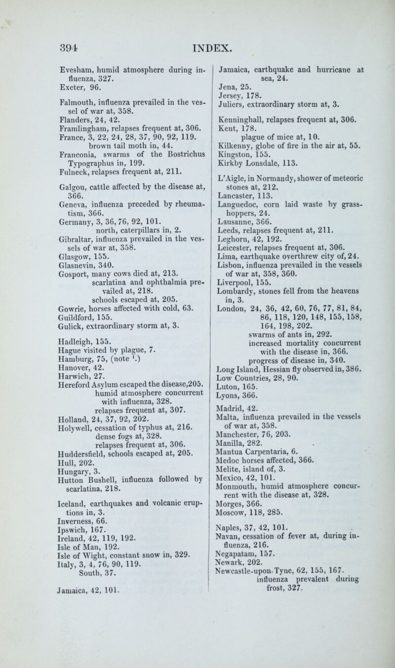 Evesham, humid atmosphere during in- fluenza, 327. Exeter, 96. Falmouth, influenza prevailed in the ves- sel of war at, 358. Flanders, 24, 42. Framlingham, relapses frequent at, 306. France, 3, 22, 24, 28, 37, 90, 92, 119. brown tail moth in, 44. Franconia, swarms of the Bostrichus Typographus in, 199. Fulneck, relapses frequent at, 211. Galgou, cattle affected by the disease at, 366. Geneva, influenza preceded by rheuma- tism, 366. Germany, 3, 36, 76, 92, 101. north, caterpillars in, 2. Gibraltar, influenza prevailed in the ves- sels of war at, 358. Glasgow, 155. Glasnevin, 340. Gosport, many cows died at, 213. scarlatina and ophthalmia pre- vailed at, 218. schools escaped at, 205. Gowrie, horses affected with cold, 63. Guildford, 155. Gulick, extraordinary storm at, 3. Hadleigh, 155. Hague visited by plague, 7. Hamburg, 75, (note *.) Hanover, 42. Harwich, 27. Hereford Asylum escaped the disease,205. humid atmosphere concurrent with influenza, 328. relapses frequent at, 307. Holland, 24, 37, 92, 202. Holywell, cessation of typhus at, 216. dense fogs at, 328. relapses frequent at, 306. Huddersfield, schools escaped at, 205. Hull, 202. Hungary, 3. Hutton Bushell, influenza followed by scarlatina, 218. Iceland, earthquakes and volcanic erup- tions in, 3. Inverness, 66. Ipswich, 167. Ireland, 42, 119, 192. Isle of Man, 192. Isle of Wight, constant snow in, 329. Italy, 3, 4, 76, 90, 119. South, 37. Jamaica, 42, 101. Jamaica, earthquake and hurricane at sea, 24. Jena, 25. Jersey, 178. Juliers, extraordinary storm at, 3. Kenninghall, relapses frequent at, 306. Kent, 178. plague of mice at, 10. Kilkenny, globe of fire in the air at, 55. Kingston, 155. Kirkby Lonsdale, 113. L'Aigle, in Normandy, shower of meteoric stones at, 212. Lancaster, 113. Languedoc, corn laid waste by grass- hoppers, 24. Lausanne, 366. Leeds, relapses frequent at, 211. Leghorn, 42, 192. Leicester, relapses frequent at, 306. Lima, earthquake overthrew city of, 24. Lisbon, influenza prevailed in the vessels I of war at, 358, 360. I Liverpool, 155. I Lombardy, stones fell from the heavens I in, 3. i London, 24, 36, 42, 60, 76, 77, 81, 84, I 86,118,120,148,155,158, I 164, 198, 202. ! swarms of ants in, 292. increased mortality concurrent with the disease in, 366. progress of disease in, 340. Long Island, Hessian fly observed in, 386. Low Countries, 28, 90. Luton, 165. Lyons, 366. Madrid, 42. Malta, influenza prevailed in the vessels of war at, 358. Manchester, 76, 203. Manilla, 282. Mantua Carpentaria, 6. Medoc horses affected, 366. Melite, island of, 3. Mexico, 42, 101. Monmouth, humid atmosphere concur- rent with the disease at, 328. Morges, 366. Moscow, 118, 285. Naples, 37, 42, 101. Navan, cessation of fever at, during in- fluenza, 216. Negapatam, 157. Newark, 202. Newcastle-upon-Tyne, 62, 155, 167. influenza prevalent during frost, 327.