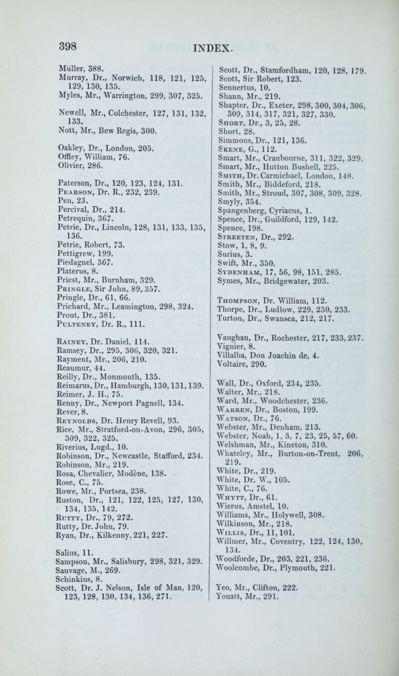 MUller, 388. Murray, Dr., Norwich, 118, 121, 125, 129, 130, 135. Myles, Mr., Warrington, 299, 307, 325. Newell, Mr., Colchester, 127, 131, 132, 133. Nott, Mr., Bew Regis, 300. Oakley, Dr., London, 205. Offley, William, 76. Olivier, 286. Paterson, Dr., 120, 123, 124, 131. Pearson, Dr. R,, 232, 239. Pen, 23. Percival, Dr., 214. Petrequin, 367. Petrie, Dr., Lincoln, 128, 131, 133, 135, 136. Petrie, Robert, 73. Pettigrew, 199. Piedagnel, 367. Platerus, 8. Priest, Mr., Burnham, 329. Pringle, Sir John, 89, 357. Pringle, Dr., 61, 66. Prichard, Mr., Leamington, 298, 324. Prout, Dr., 381. PuLTENEY, Dr. R., 111. Rainey, Dr. Daniel, 114. Ramsey, Dr., 295, 306, 320, 321. Rayment, Mr., 206, 210. Reaumur, 44. Reilly, Dr., Monmouth, 135. Reimarus, Dr., Hamburgh, 130,131,139. Reimer, J. H., 75. Renny, Dr., Newport Pagnell, 134. Rever, 8. Reynolds, Dr. Henry Revell, 93. Rice, Mr., Stratford-on-Avon, 296, 305, 309, 322, 325. Riverius, Lugd., 10. Robinson, Dr., Newcastle, Stafford, 234. Robinson, Mr., 219. Rosa, Chevalier, Modene, 138. Rose, C., 75. Rowe, Mr., Portsea, 238. Ruston, Dr., 121, 122, 125, 127, 130, 134, 135, 142. Rutty, Dr., 79, 272. Rutty, Dr. John, 79. Ryan, Dr., Kilkenny, 221, 227. Salius, 11. Sampson, Mr., Salisbury, 298, 321, 329. Sauvage, M., 269. Schinkius, 8. Scott, Dr. J. Nelson, Isle of Man, 120, 123, 128, 130, 134, 136, 271. Scott, Dr., Stamfordham, 120, 128, 179. Scott, Sir Robert, 123. Sennertus, 10. Shann, Mr., 219. Shapter, Dr., Exeter, 298, 300, 304, 306, 309, 314, 317, 321, 327, 330. Short, Dr., 3, 25, 28. Short, 28. Simmons, Dr., 121, 136. Skene, G., 112. Smart, Mr., Cranbourne, 311, 322, 329. Smart, Mr., Hutton Bushell, 225. Smith, Dr. Carmichael, London, 148. Smith, Mr., Biddeford, 218. Smith, Mr., Stroud, 307, 308, 309, 328. Smyly, 354. Spangenberg, Cyriacus, 1. Spence, Dr., Guildford, 129, 142. Spence, 198. Streeten, Dr., 292. Stow, 1, 8, 9. Surius, 3. Swift, Mr., 350. Sydenham, 17, 56, 98, 151, 285. Symes, Mr., Bridgewater, 203. Thompson, Dr. William, 112. Thorpe, Dr., Ludlow, 229, 230, 233. Turton, Dr., Swansea, 212, 217. Vaughan, Dr., Rochester, 217, 233,237. Vignier, 8. Villalba, Don Joachin de, 4. Voltaire, 290. Wall, Dr., Oxford, 234, 235. Walter, Mr., 218. Ward, Mr., Woodchester, 236. Warren, Dr., Boston, 199. Watson, Dr., 76. Webster, Mr., Denham, 213. Webster, Noah, 1, 3, 7, 23, 25, 57, 60. Welshman, Mr., Kineton, 310. Whatelev, Mr., Burton-on-Trent, 206, 219. White, Dr., 219. White, Dr. W., 105. White, C., 76. Whytt, Dr., 61. Wierus, Amstel, 10. Williams, Mr., Holywell, 308. Wilkinson, Mr., 21*8. Willis, Dr., 11,101. Willmer, Mr., Coventrv, 122, 124, 130, 134. Woodforde, Dr., 203, 221, 236. Woolcombe, Dr., Plymouth, 221. Yeo, Mr., Clifton, 222. Youatt, Mr., 291.