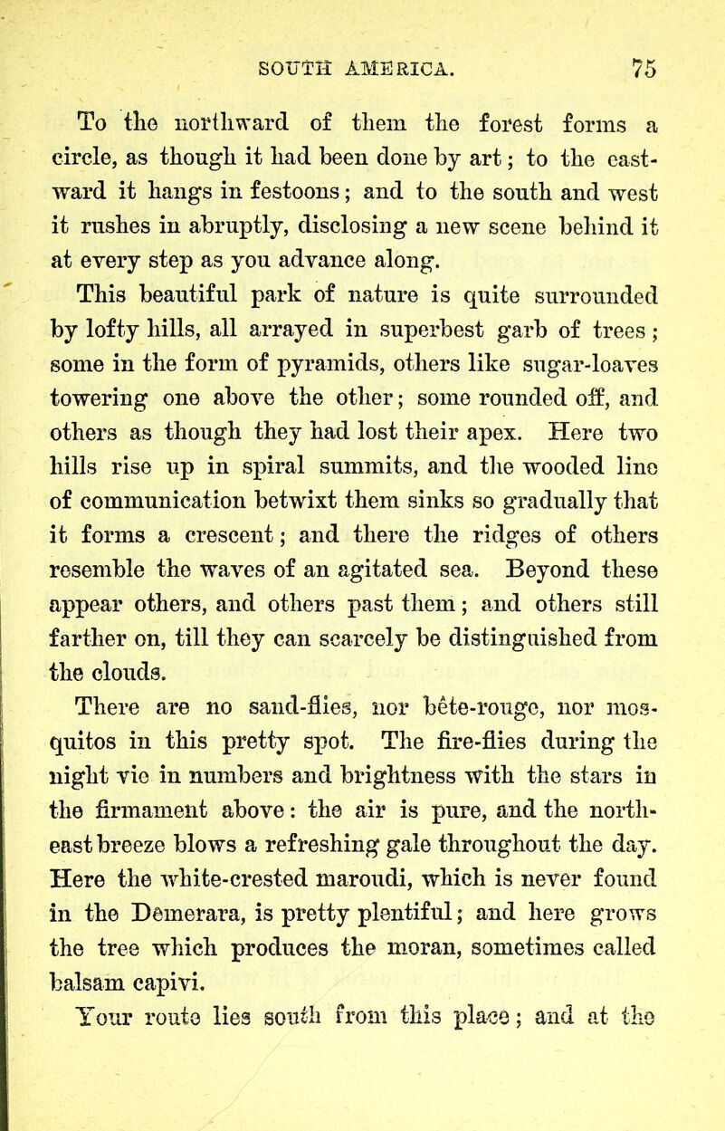 To the northward of them the forest forms a circle, as though it had been done by art; to the east- ward it hangs in festoons; and to the south and west it rushes in abruptly, disclosing a new scene behind it at every step as you advance along. This beautiful park of nature is quite surrounded by lofty hills, all arrayed in superbest garb of trees; some in the form of pyramids, others like sugar-loaves towering one above the other; some rounded oft, and others as though they had lost their apex. Here two hills rise up in spiral summits, and the wooded line of communication betwixt them sinks so gradually that it forms a crescent; and there the ridges of others resemble the waves of an agitated sea. Beyond these appear others, and others past them; and others still farther on, till they can scarcely be distinguished from the clouds. There are no sand-dies, nor bete-rougc, nor mos- quitos in this pretty spot. The fire-flies during the night vie in numbers and brightness with the stars in the firmament above: the air is pure, and the north- east breeze blows a refreshing gale throughout the day. Here the white-crested maroudi, which is never found in the Demerara, is pretty plentiful; and here grows the tree which produces the moran, sometimes called balsam capivi. Your route lies south from this place; and at the
