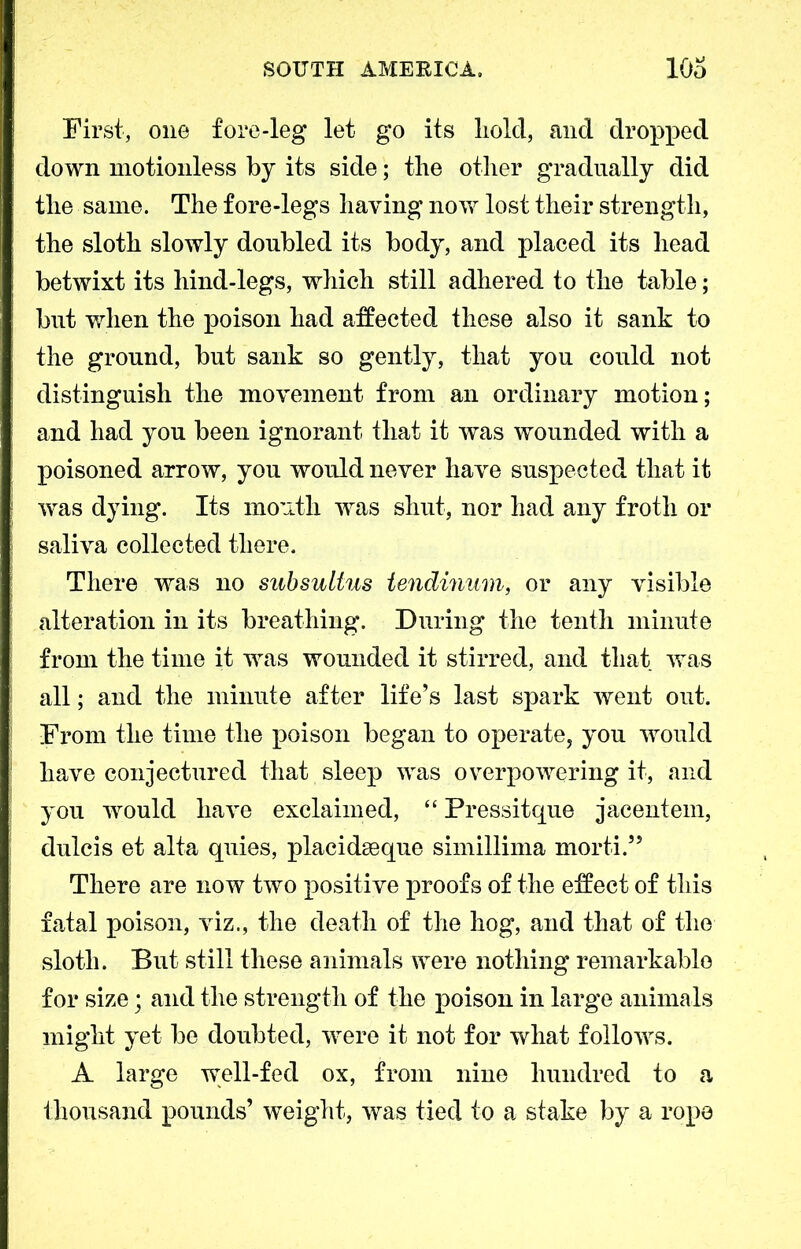 First, one fore-leg let go its liold, and dropped down motionless by its side; the other gradually did the same. The fore-legs having now lost their strength, the sloth slowly doubled its body, and placed its head betwixt its hind-legs, which still adhered to the table; but when the poison had affected these also it sank to the ground, but sank so gently, that you could not distinguish the movement from an ordinary motion; and had you been ignorant that it was wounded with a poisoned arrow, you would never have suspected that it was dying. Its mouth was shut, nor had any froth or saliva collected there. There was no subsultus tendinum, or any visible alteration in its breathing. During the tenth minute from the time it was wounded it stirred, and that was all; and the minute after life’s last spark went out. From the time the poison began to operate, you would have conjectured that sleep was overpowering it, and you would have exclaimed, “ Pressitque jacentem, dulcis et alta quies, placidseque simillima morti.” There are now two positive proofs of the effect of this fatal poison, viz., the death of the hog, and that of the sloth. But still these animals were nothing remarkable for size; and the strength of the poison in large animals might yet be doubted, were it not for what follows. A large well-fed ox, from nine hundred to a thousand pounds’ weight, was tied to a stake by a rope