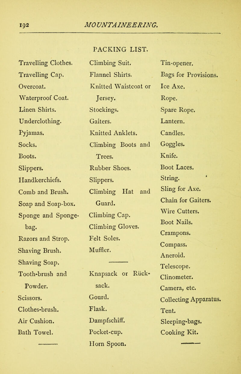 Travelling Clothes. Travelling Cap. Overcoat. Waterproof Coat. Linen Shirts. Underclothing. Pyjamas. Socks. Boots. Slippers. Handkerchiefs. Comb and Brush. Soap and Soap-box. Sponge and Sponge- bag. Razors and Strop. Shaving Brush. Shaving Soap. Tooth-brush and Powder. Scissors. Clothes-brush. Air Cushion. Bath Towel. PACKING LIST. Climbing Suit. Flannel Shirts. Knitted Waistcoat or Jersey. Stockings. Gaiters. Knitted Anklets. Climbing Boots and Trees. Rubber Shoes. Slippers. Climbing Hat and Guard. Climbing Cap. Climbing Gloves. Felt Soles. Muffler. Knapsack or Ruck- sack. Gourd. Flask. Dampfschiff. Pocket-cup. Horn Spoon. Tin-opener. Bags for Provisions. Ice Axe. Rope. Spare Rope. Lantern. Candles. Goggles. Knife. Boot Laces. String. Sling for Axe. Chain for Gaiters. Wire Cutters. Boot Nails. Crampons. Compass. Aneroid. Telescope. Clinometer. Camera, etc. Collecting Apparatus. Tent. Sleeping-bags. Cooking Kit.