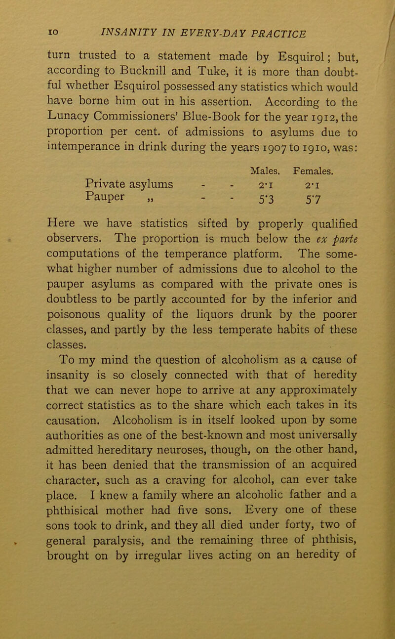 turn trusted to a statement made by Esquirol; but, according to Bucknill and Tuke, it is more than doubt- ful whether Esquirol possessed any statistics which would have borne him out in his assertion. According to the Lunacy Commissioners’ Blue-Book for the year 1912, the proportion per cent, of admissions to asylums due to intemperance in drink during the years 1907 to 1910, was: Males. Females. Private asylums - - 2*1 2‘i Pauper „ - - 5-3 57 Here we have statistics sifted by properly qualified observers. The proportion is much below the ex parte computations of the temperance platform. The some- what higher number of admissions due to alcohol to the pauper asylums as compared with the private ones is doubtless to be partly accounted for by the inferior and poisonous quality of the liquors drunk by the poorer classes, and partly by the less temperate habits of these classes. To my mind the question of alcoholism as a cause of insanity is so closely connected with that of heredity that we can never hope to arrive at any approximately correct statistics as to the share which each takes in its causation. Alcoholism is in itself looked upon by some authorities as one of the best-known and most universally admitted hereditary neuroses, though, on the other hand, it has been denied that the transmission of an acquired character, such as a craving for alcohol, can ever take place. I knew a family where an alcoholic father and a phthisical mother had five sons. Every one of these sons took to drink, and they all died under forty, two of general paralysis, and the remaining three of phthisis, brought on by irregular lives acting on an heredity of