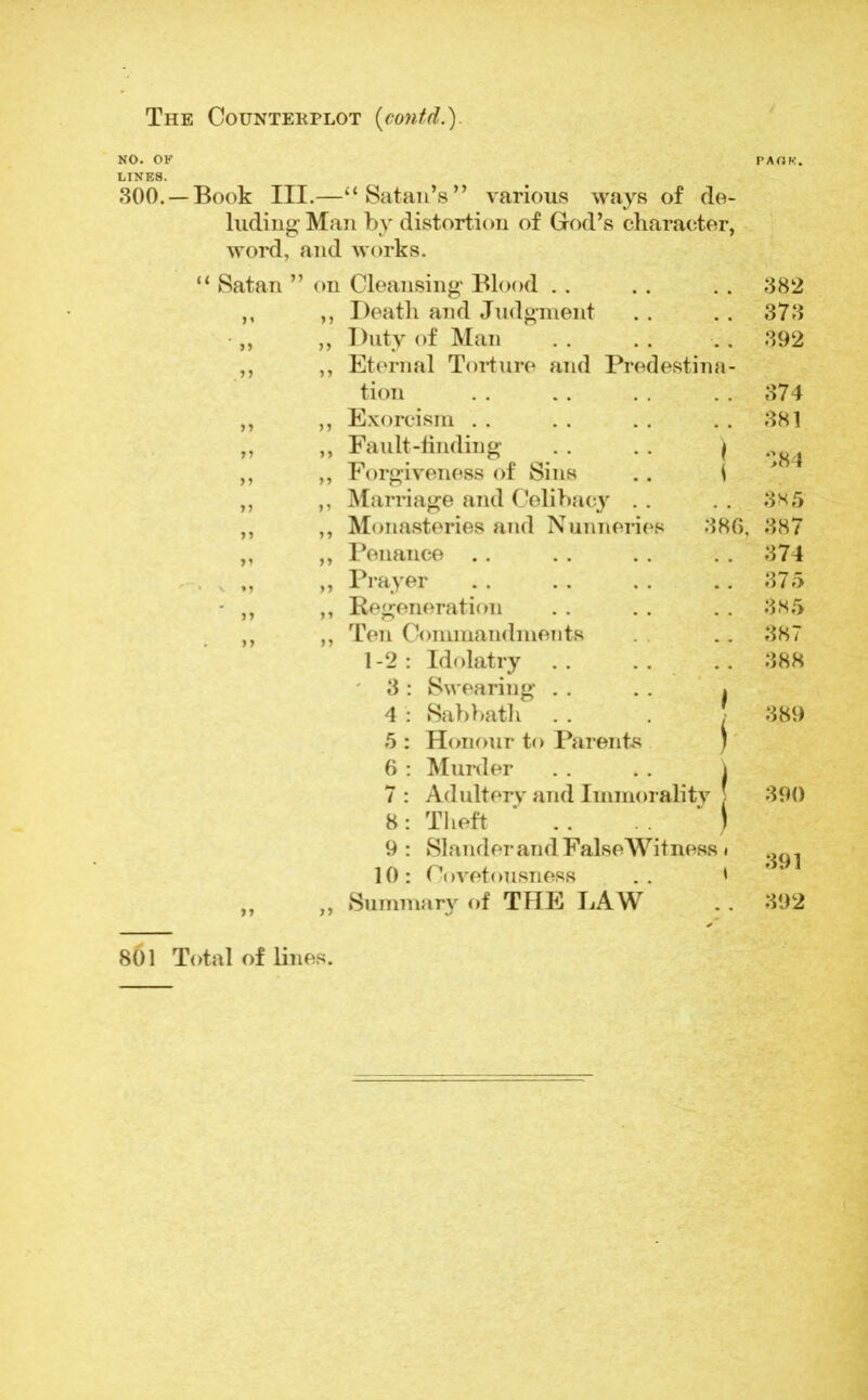 The Counterplot (contd.). NO. OF PAOK. LINGS. 300. —Book III.—“ Satan’s ” various ways of de- luding Man by distortion of God’s character, word, and works. “ Satan ” on Cleansing Blood . . ,, ,, Death and Judgment •,, ,, Duty of Man ,, ,, Eternal Torture and Predestina- tion ,, ,, Exorcism . . ,, ,, Fault-finding . . . . \ ,, ,, Forgiveness of Sins .. i ,, ,, Marriage and Celibacy . . ,, ,, Monasteries and Nunneries 386, ,, ,, Penance .. .. .. .. . „ „ Prayer - ,, Regeneration „ ,, Ten Commandments 1-2: Idolatry 3 : Swearing . . . . . 4 : Sabbath 5 : Honour to Parents ) 6 : Murder . . .. \ 7 : Adultery and Immorality ; 8: Theft . . ) 9 : Slander and False Witness « 10: Covetousness .. ' ,, ,, Summary of THE LAW 382 373 392 374 381 384 385 387 374 375 385 387 388 389 390 391 392 801 Total of lines.