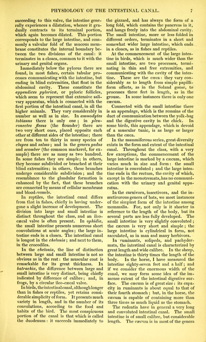 succeeding to this valve, the intestine gene- rally experiences a dilatation, whence it gra- dually contracts to its terminal portion, which again becomes dilated. This portion corresponds to the large intestine, and com- monly a valvular fold of the mucous mem- brane constitutes the internal boundary be- tween the two divisions of the canal: it terminates in a cloaca, common to it with the urinary and genital organs. Immediately below the pylorus there are found, in most fishes, certain tubular pro- cesses communicating with the intestine, but ending in blind extremities, that float in the abdominal cavity. These constitute the appendices pyloricce, or pyloric follicles, which seem to represent that extensive sali- vary apparatus, which is connected with the first portion of the intestinal canal, in all the higher animals. They vary considerably in number as well as in size. In ammodytes tobianus there is only one ; in pleu- ronectes fiesus (the flounder) there are two very short ones, placed opposite each other at different sides of the intestine; there are from ten to thirty in many species of clupea and salmo ; and in the genera gadus and scomber (the common mackerel, for ex- ample) there are as many as two hundred. In some fishes they are simple; in others, they become subdivided or branched at their blind extremities; in others, these branches undergo considerable subdivision; and the resemblance to the glandular formation is enhanced by the fact, that these branches are connected by means of cellular membrane and blood-vessels. In reptiles, the intestinal canal differs from that in fishes, chiefly in having under- gone a slight increase of development. The division into large and small intestine is distinct throughout the class, and an ileo- csecal valve is often present. In ophidia, the small intestine presents numerous short convolutions at acute angles; the large in- testine ends in a cloaca. The intestinal canal is longest in the chelonia ; and next to them, in the crocodiles. In the chelonia, the line of distinction between large and small intestine is not so obvious as in the rest: the muscular coat is remarkable for its great thickness. In batrachia, the difference between large and small intestine is very distinct, being chiefly indicated by difference of calibre; and, in frogs, by a circular ileo-caecal valve. In birds, the intestinal canal, although longer than in fishes or reptiles, yet retains consi- derable simplicity of form. It presents much variety in length, and in the number of its convolutions, according to the food and habits of the bird. The most conspicuous portion of the canal is that which is called the duodenum : it succeeds immediately to the gizzard, and has always the form of a long fold, which contains the pancreas in it, and hangs freely into the abdominal cavity. The small intestine, more or less folded in different orders, terminates in a short and somewhat wider large intestine, which ends in a cloaca, as in fishes and reptiles. At the commencement of the large intes- tine in birds, which is much wider than the small intestine, are two processes, termi- nating in thin and free extremities, and communicating with the cavity of the intes- tine. These are the caeca: they vary con- siderably as to length from simple papilli- form offsets, as in the Soland goose, to processes three feet in length, as in the grouse. In some instances there is only one caecum. Connected with the small intestine there is an appendage, which is the remains of the duct of communication between the yolk-bag and the digestive cavity in the chick. In some birds, this appendage, which is devoid of a muscular tunic, is as large or larger than the caeca. In the mammiferous series, great diversity exists in the form and extent of the intestinal canal. Throughout the class, with a very few exceptions, the commencement of the large intestine is marked by a caecum, which varies much in size and form: the small intestine is convoluted ; and the large intes- tine ends in the rectum, the cavity of which, except in the monotremata,has no communi- cation with the urinary and genital appa- ratus. In the carnivora, insectivora, and the in- sectivorous genera of bats, we meet instances of the simplest form of the intestine among mammalia. For, not only is it shorter in reference to the length of the body, but its several parts are less fully developed. The small intestine is very slightly convoluted ; the caecum is very short and simple ; the large intestine is cylindrical in form, not sacculated, as in man and many herbivora. In ruminants, solipeds, and pachyder- mata, the intestinal canal is characterized by great length and wide calibre. In the sheep, the intestine is thirty times the length of the body. In the horse, I have measured the intestine eighty-seven feet and a half; and if we consider the enormous width of the canal, we may form some idea of the im- mense extent of the intestinal digestive sur- face. The caecum is of great size : its capa- city in ruminants is about equal to that of their fourth stomach ; but, in the horse, the caecum is capable of containing more than three times as much liquid as the stomach. The rodentia have in general a very long and convoluted intestinal canal. The small intestine is of small calibre, but considerable length. The caecum is in most of the genera