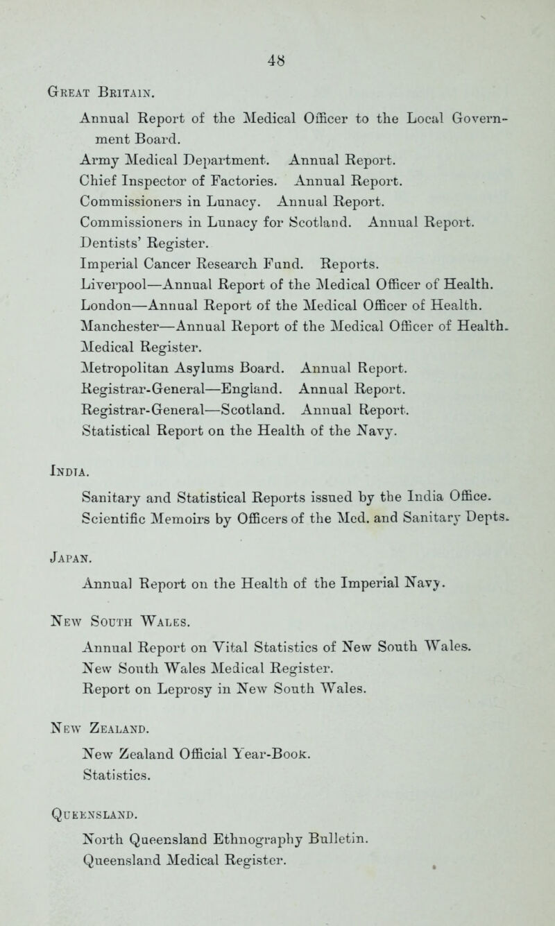 Great Britain. Annual Report of the Medical Officer to the Local Govern- ment Board. Army Medical Department. Annual Report. Chief Inspector of Factories. Annual Report. Commissioners in Lunacy. Annual Report. Commissioners in Lunacy for Scotland. Annual Report. Dentists’ Register. Imperial Cancer Research Fund. Reports. Liverpool—Annual Report of the Medical Officer of Health. London—Annual Report of the Medical Officer of Health. Manchester—Annual Report of the Medical Officer of Health. Medical Register. Metropolitan Asylums Board. Annual Report. Registrar-General—England. Annual Report. Registrar-General—Scotland. Annual Report. Statistical Report on the Health of the Navy. Indta. Sanitary and Statistical Reports issued by the India Office. Scientific Memoirs by Officers of the Med. and Sanitar}' Depts. Japan. Annual Report on the Health of the Imperial Navy. New South Wales. Annual Report on Vital Statistics of New South Wales. New South Wales Medical Register. Report on Leprosy in New South Wales. New* Zealand. New Zealand Official Year-Book. Statistics. Queensland. North Queensland Ethnography Bulletin. Queensland Medical Register.