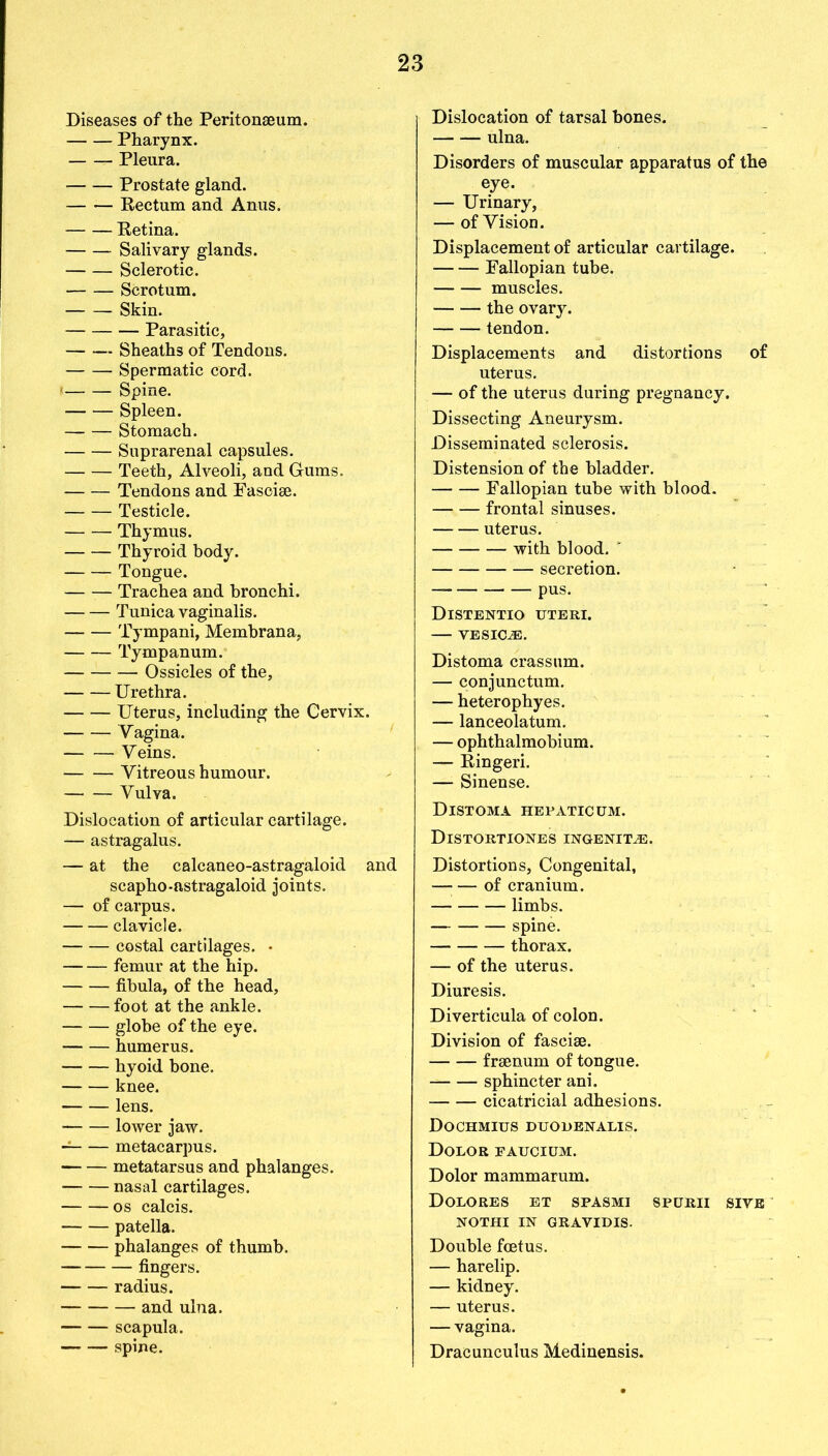 Diseases of the Peritonaeum. Pharynx. Pleura. Prostate gland. Rectum and Anus. Retina. Salivary glands. Sclerotic. Scrotum. Skin. Parasitic, Sheaths of Tendons. Spermatic cord. Spine. Spleen. Stomach. Suprarenal capsules. Teeth, Alveoli, and Gums. Tendons and Fasciae. Testicle. Thymus. Thyroid body. Tongue. Trachea and bronchi. Tunica vaginalis. Tympani, Membrana, Tympanum. Ossicles of the, Urethra. Uterus, including the Cervix. Vagina. Veins. Vitreous humour. Vulva. Dislocation of articular cartilage. — astragalus. — at the calcaneo-astragaloid and scapho-astragaloid joints. — of carpus. clavicle. costal cartilages. • femur at the hip. fibula, of the head, foot at the ankle. globe of the eye. humerus. hyoid bone. knee. lens. lower jaw. metacarpus. metatarsus and phalanges. nasal cartilages. os calcis. patella. phalanges of thumb. fingers. radius. and ulna. scapula. spine. Dislocation of tarsal bones. ulna. Disorders of muscular apparatus of the eye. — Urinary, — of Vision. Displacement of articular cartilage. Fallopian tube. muscles. the ovary. tendon. Displacements and distortions of uterus. — of the uterus during pregnancy. Dissecting Aneurysm. Disseminated sclerosis. Distension of the bladder. Fallopian tube with blood. frontal sinuses. uterus. with blood. secretion. — pus. Distentio uteri. VESKLE. Distoma crassum. — conjunctum. — heterophyes. — lanceolatum. — ophthalmobium. — Ringeri. — Sinense. Distoma hepatic um. Distortiones ingenit^e. Distortions, Congenital, —; — of cranium. limbs. spine. thorax. — of the uterus. Diuresis. Diverticula of colon. Division of fasciae. fraenum of tongue. sphincter ani. cicatricial adhesions. Dochmius duodenalis. Dolor faucium. Dolor mammarum. Dolores et spasmi spurii sive NOTHI IN GRAVIDIS. Double foetus. — harelip. — kidney. — uterus. — vagina. Dracunculus Medinensis.