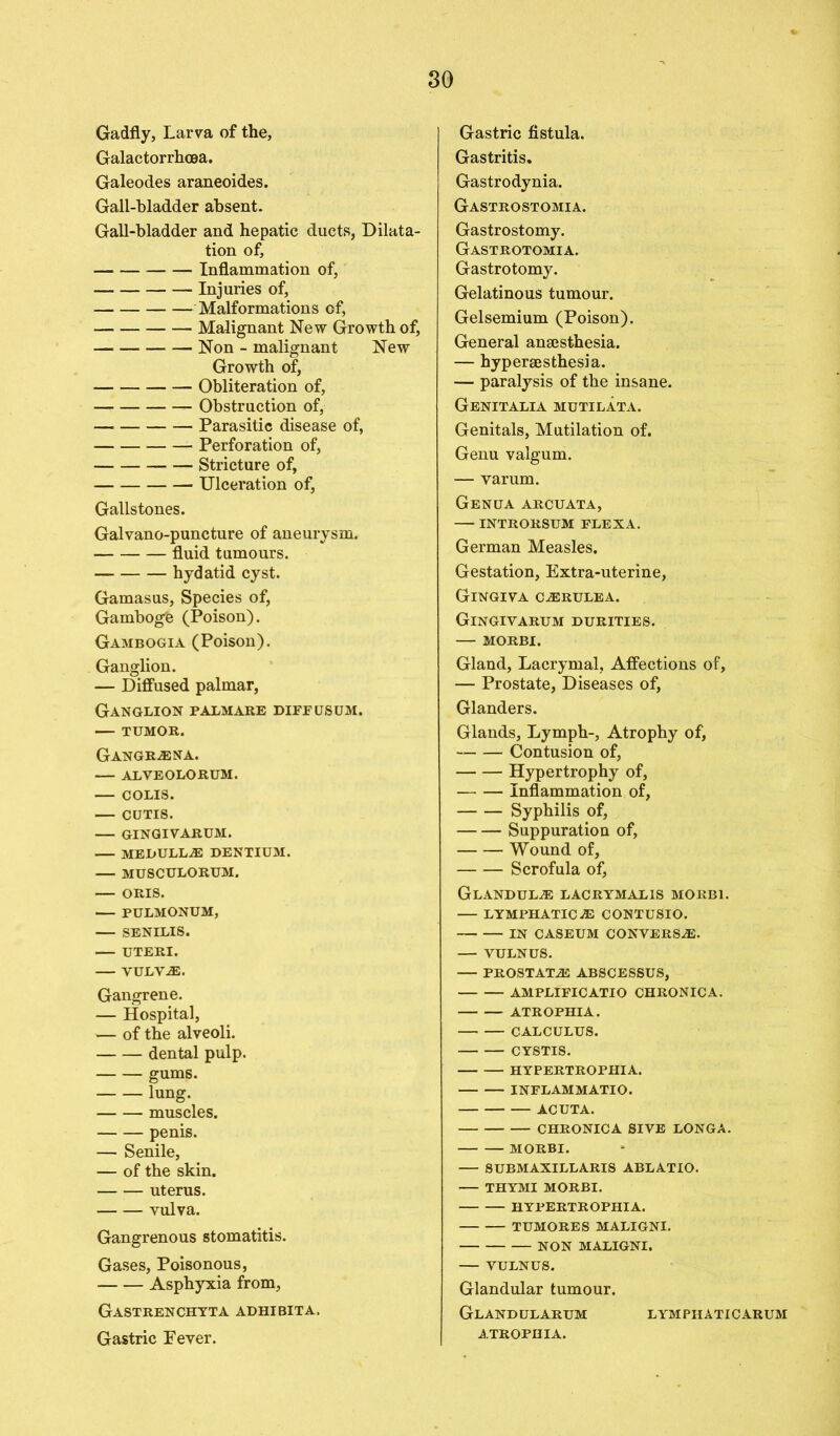 Gadfly, Larva of the, Galactorrhoea. Galeodes araneoides. Gall-bladder absent. Gall-bladder and hepatic ducts, Dilata- tion of, — Inflammation of, — Injuries of, Malformations of, — Malignant New Growth of, Non - malignant New Growth of, Obliteration of, Obstruction of, — Parasitic disease of, Perforation of, Stricture of, Ulceration of, Gallstones. Galvano-puncture of aneurysm. fluid tumours. hydatid cyst. Gamasus, Species of, Gamboge (Poison). Gambogia (Poison). Ganglion. — Diffused palmar, Ganglion palmare diffusum. — TUMOR. Ganges na. ALVEOLORUM. COLIS. — CUTIS. — GINGIVARUM. — MELULL-ffi DENTIUM. — MUSCULORUM. — ORIS. — PULMONUM, — SENILIS. UTERI. VULV.E. Gangrene. — Hospital, — of the alveoli. dental pulp. gums. lung. muscles. penis. — Senile, — of the skin. uterus. vulva. Gangrenous stomatitis. Gases, Poisonous, Asphyxia from, Gastrenchtta adhibita. Gastric Pever. Gastric fistula. Gastritis. Gastrodynia. Gastrostomia. Gastrostomy. Gastrotomia. Gastrotomy. Gelatinous tumour. Gelsemium (Poison). General anaesthesia. — hypersesthesia. — paralysis of the insane. Genitalia mutilata. Genitals, Mutilation of. Genu valgum. — varum. Genua arcuata, — INTRORSUM FLEX A. German Measles. Gestation, Extra-uterine, Gingiva casrulea. Gingivarum durities. MORBI. Gland, Lacrymal, Affections of, — Prostate, Diseases of, Glanders. Glands, Lymph-, Atrophy of, Contusion of, Hypertrophy of, Inflammation of, Syphilis of, Suppuration of, Wound of, Scrofula of, Glandules lacrymalis morbi. — LYMPHATIC AS CONTUSIO. IN CASEUM CONVERSE. — VULNUS. PROSTATAS ABSCESSUS, AMPLIFICATIO CHRONICA. ATROPHIA. CALCULUS. CYSTIS. HYPERTROPHIA. INFLAMMATIO. ACUTA. CHRONICA SIVE LONGA. MORBI. SUBMAXILLARIS ABLATIO. THYMI MORBI. HYPERTROPHIA. TUMORES MALIGNI. NON MALIGNI. — VULNUS. Glandular tumour. Glandularum lympiiaticarum ATROPHIA.