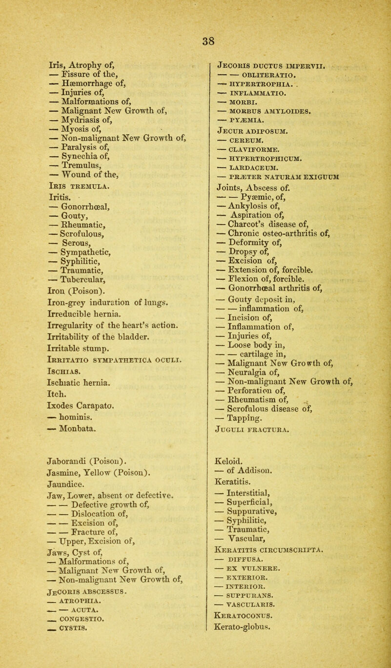 Iris, Atrophy of, — Fissure of the, — Haemorrhage of, — Injuries of, — Malformations of, — Malignant New Growth of, — Mydriasis of, — Myosis of, — Non-malignant New Growth of, — Paralysis of, — Synechia of, — Tremulus, — Wound of the, Iris tremula. Iritis. — Gonorrhoeal, — Gouty, — Rheumatic, — Scrofulous, — Serous, — Sympathetic, — Syphilitic, — Traumatic, — Tubercular, Iron (Poison). Iron-grey induration of lungs. Irreducible hernia. Irregularity of the heart’s action. Irritability of the bladder. Irritable stump. Irritatio sympathetica octjli. ISCHIAS. Ischiatic hernia. Itch. Ixodes Carapato. — hominis. — Monbata. Jaborandi (Poison). Jasmine, Yellow (Poison). Jaundice. Jaw, Lower, absent or defective. Defective growth of, Dislocation of, Excision of, Fracture of, — Upper, Excision of, Jaws, Cyst of, — Malformations of, — Malignant New Growth of, — Non-malignant New Growth of, jecoris abscessus. — ATROPHIA. — — ACUTA. CONGESTIO. CYSTIS. Jecoris ductus impervii. OBLITE RATIO. — HYPERTROPHIA. . — INFLAMMATIO. — MORBI. — MORBUS AMYLOIDES. — PYAEMIA. Jecur ADIPOSUM. — CEREUM. — CLAVIEORME. — HYPERTROPHICUM. — LARDACEUM. — PRA2TER NATURAM EXIGUUM Joints, Abscess of. Pysemic, of, — Ankylosis of, — Aspiration of, — Charcot’s disease of, — Chronic osteo-arthritis of, — Deformity of, — Dropsy of, — Excision of, — Extension of, forcible. — Flexion of, forcible. — Gonorrhoeal arthritis of, — Gouty deposit in, inflammation of, — Incision of, — Inflammation of, — Injuries of, — Loose body in, cartilage in, — Malignant New Growth of, — Neuralgia of, — Non-malignant New Growth of, — Perforation of, — Rheumatism of, — Scrofulous disease of, — Tapping. JUGULI PRACTURA. Keloid. — of Addison. Keratitis. — Interstitial, — Superficial, — Suppurative, — Syphilitic, — Traumatic, — Vascular, Keratitis circumscripta. — diffusa. EX VULNERE. — EXTERIOR. — INTERIOR. — SUPPURANS. — VASCULARIS. Keratoconus. Kerato-globus.