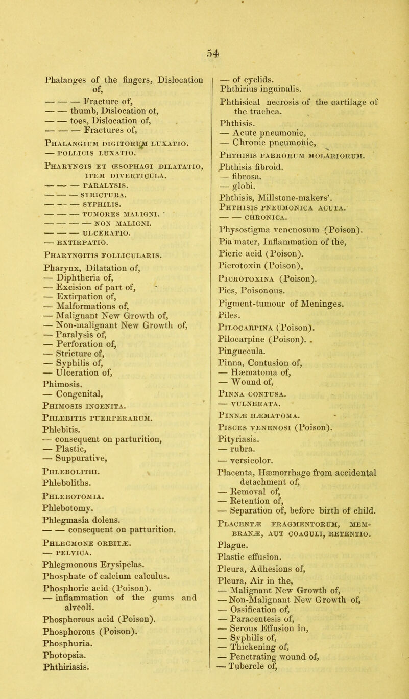 Phalanges of the fingers, Dislocation of, Fracture of, thumb, Dislocation of, toes, Dislocation of, Fractures of, PHALANGIUM DIGITORU^I LUXATIO. — POLLICIS LUXATIO. PHARYNGIS ET (ESOPHAGI DILATATIO, ITEM DIVERTICULA. PARALYSIS. SIRICTURA. SYPHILIS. TUMORES MALIGNI. ’ NON MALIGNI. ULCERATIO. EXTIRPATIO. Pharyngitis follicularis. Pharynx, Dilatation of, — Diphtheria of, — Excision of part of, — Extirpation of, — Malformations of, — Malignant New Growth of, — Non-malignant New Growth of, — Paralysis of, — Perforation of, — Stricture of, — Syphilis of, — Ulceration of, Phimosis. — Congenital, Phimosis ingenita. Phlebitis puerperarum. Phlebitis. — consequent on parturition, — Plastic, — Suppurative, Phlebolithi. Phleb'oliths. Phlebotomia. Phlebotomy. Phlegmasia dolens. consequent on parturition. Phlegmone orbits. — PELVICA. Phlegmonous Erysipelas. Phosphate of calcium calculus. Phosphoric acid (Poison). — inflammation of the gums and alveoli. Phosphorous acid (Poison). Phosphorous (Poison). Phosphuria. Photopsia. Phthiriasis. — of eyelids. Phthirius inguinalis. Phthisical necrosis of the cartilage of the trachea. Phthisis. — Acute pneumonic, — Chronic pneumonic, Phthisis eabrorum molariorum. Phthisis fibroid. — fibrosa. — globi. Phthisis, Millstone-makers’. Phthisis pneumonica acuta. chronica. Pliysostigma venenosum (Poison). Pia mater. Inflammation of the, Picric acid (Poison). Picrotoxin (Poison), Picrotoxina (Poison). Pies, Poisonous. Pigment-tumour of Meninges. Piles. Pilocarpina (Poison). Pilocarpine (Poison). . Pinguecula. Pinna, Contusion of, — Haematoma of, — Wound of, Pinna contusa. — VULNERATA. PlNNJE HEMATOMA. Pisces venenosi (Poison). Pityriasis. — rubra. — versicolor. Placenta, Haemorrhage from accidental detachment of, — Removal of, — Retention of, — Separation of, before birth of child. Placentae fragmentorcm, mem- brane, AUT COAGULI, RETENTIO. Plague. Plastic effusion. Pleura, Adhesions of, Pleura, Air in the, — Malignant New Growth of, — Non-Malignant New Growth of, — Ossification of, — Paracentesis of, — Serous Effusion in, — Syphilis of, — Thickening of, — Penetrating wound of, — Tubercle of,
