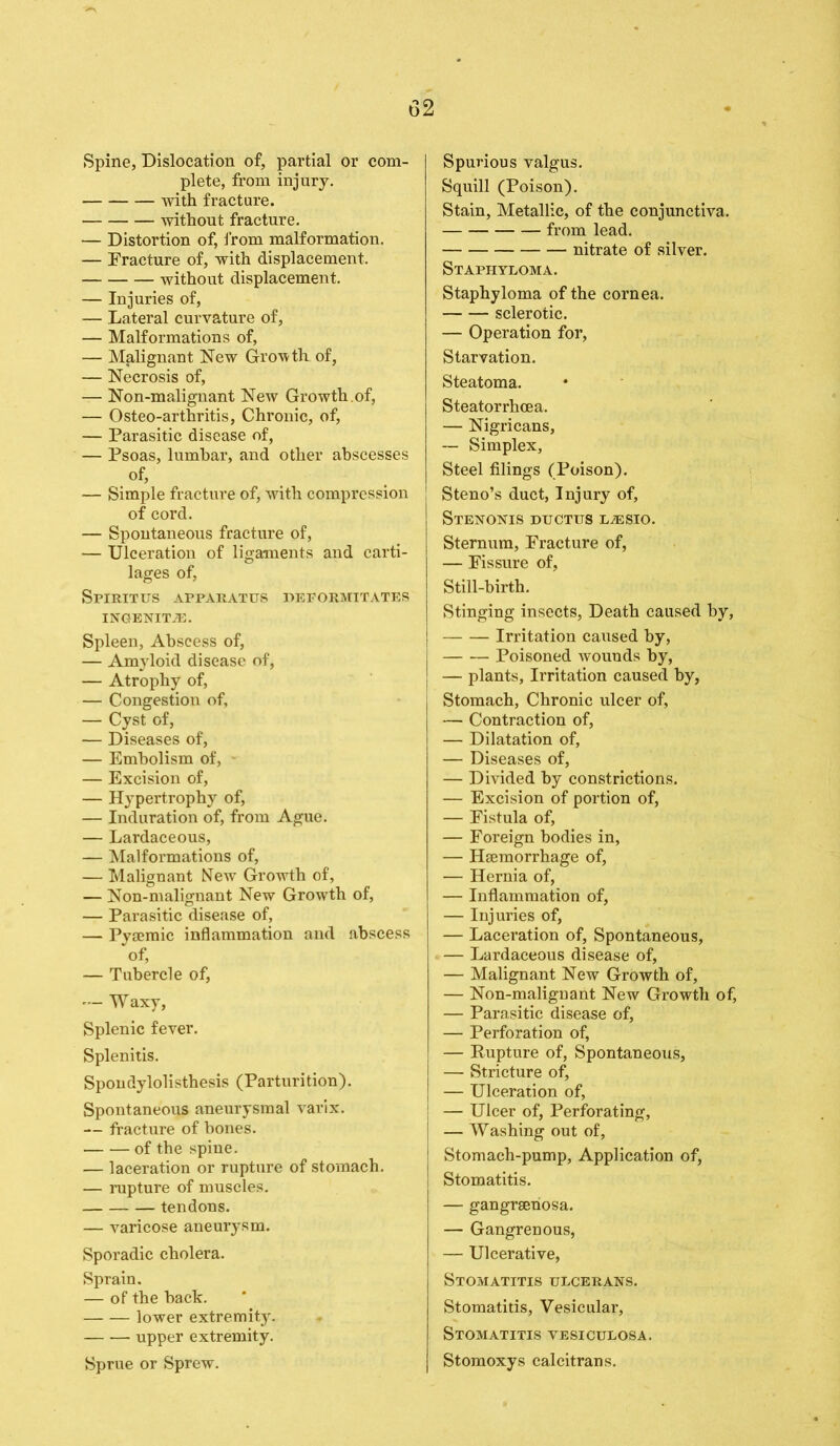 Spine, Dislocation of, partial or com- plete, from injury. with fracture. without fracture. — Distortion of, from malformation. — Fracture of, with displacement. without displacement. — Injuries of, — Lateral curvature of, — Malformations of, — Malignant New Growth of, — Necrosis of, — Non-maiignant New Growth.of, — Osteo-arthritis, Chronic, of, — Parasitic disease of, — Psoas, lumbar, and other abscesses of, — Simple fracture of, with compression of cord. — Spontaneous fracture of, — Ulceration of ligaments and carti- lages of, Spiritus apparatus deformitates INGENITiE. Spleen, Abscess of, — Amyloid disease of, — Atrophy of, — Congestion of, — Cyst of, — Diseases of, — Embolism of, — Excision of, — Hypertrophy of, — Induration of, from Ague. — Lardaceous, — Malformations of, — Malignant New Growth of, — Non-malignant New Growth of, — Parasitic disease of, — Pytemic inflammation and abscess of, — Tubercle of, — Waxy, Splenic fever. Splenitis. Spondylolisthesis (Parturition). Spontaneous aneurysmal varix. — fracture of bones. of the spine. — laceration or rupture of stomach. — rupture of muscles. tendons. — varicose aneurysm. Sporadic cholera. Sprain. — of the back. lower extremity. upper extremity. Sprue or Sprew. Spurious valgus. Squill (Poison). Stain, Metallic, of the conjunctiva. from lead. nitrate of silver. Staphyloma. Staphyloma of the cornea. sclerotic. — Operation for, Starvation. Steatoma. Steatorrhoea. — Nigricans, — Simplex, Steel filings (Poison). Steno’s duct, Injury of, Stenonis ductus l^esio. Sternum, Fracture of, — Fissure of, Still-birth. Stinging insects, Death caused by, Irritation caused by, Poisoned wounds by, — plants. Irritation caused by, Stomach, Chronic ulcer of, — Contraction of, — Dilatation of, — Diseases of, — Divided by constrictions. — Excision of portion of, — Fistula of, — Foreign bodies in, — Haemorrhage of, — Hernia of, — Inflammation of, — Injuries of, — Laceration of, Spontaneous, — Lardaceous disease of, — Malignant New Growth of, — Non-malignant New Growth of, — Parasitic disease of, — Perforation of, — Rupture of, Spontaneous, — Stricture of, — Ulceration of, — Ulcer of, Perforating, — Washing out of, Stomach-pump, Application of, Stomatitis. — gangrsetiosa. — Gangrenous, — Ulcerative, Stomatitis ulcerans. Stomatitis, Vesicular, Stomatitis vesiculosa. Stomoxys calcitrans.