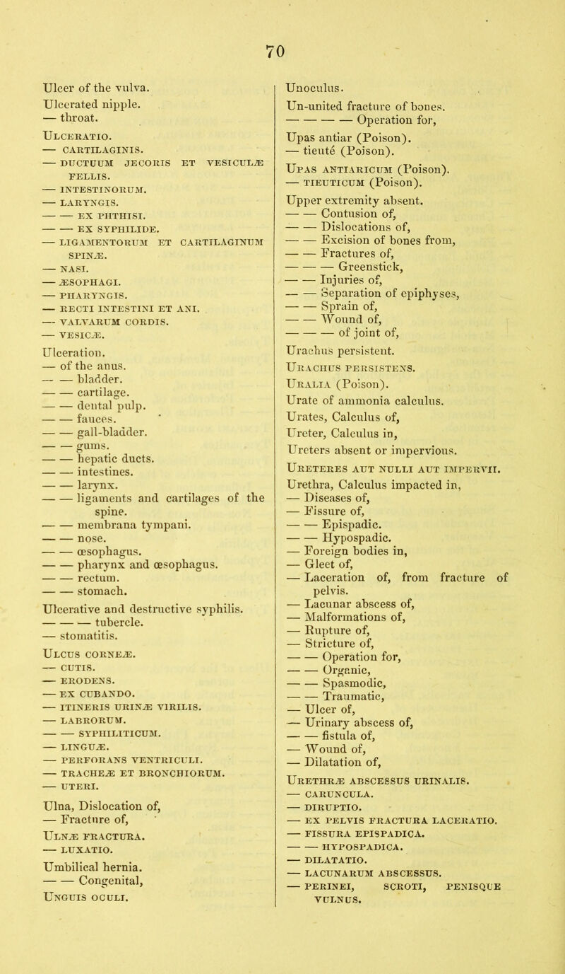 Ulcer of the vulva. Ulcerated nipple. — throat. Ulceratio. — CARTILAGINIS. DUCTUUM JECORIS ET VESICUL.E FELLIS. INTESTINORUM. LARYNGIS. EX PHTHISI. EX SYPHILIDE. — LIGAMENTORUM ET CARTILAGINUM SPIN2E. — NASI. 2ESOPHAGI. — PHARYNGIS. — RECTI INTESTINI ET ANI. VALVARUM CORDIS. — VESICA. Ulceration. — of the anus. bladder. cartilage. dental pulp. fauces. gall-bladder. gums. hepatic ducts. intestines. larynx. ligaments and cartilages of the spine. membrana tympani. nose. oesophagus. pharynx and oesophagus. rectum. stomach. Ulcerative and destructive syphilis. tubercle. — stomatitis. Ulcus corner. — CUTIS. ERODENS. EX CUBANDO. ITINERIS URIN.E V1RILIS. LABRORUM. SYPHILITICUM. LINGUA2. PERFORANS VENTRICULI. TRACHEAE ET BRONCHIORUM. UTERI. Ulna, Dislocation of, — Fracture of, UlNjE fractura. — LUXATIO. Umbilical hernia. Congenital, Unguis oculi. Unoculus. Un-united fracture of bones. Operation for, Upas antiar (Poison). — tieute (Poison). Upas antiaricum (Poison). — tieuticum (Poison). Upper extremity absent. Contusion of, Dislocations of, Excision of bones from, Fractures of, Greenstick, Injuries of, — — Separation of epiphyses, Sprain of, Wound of, of joint of. Urachus persistent. Urachus persistens. Uralia (Poison). Urate of ammonia calculus. Urates, Calculus of, Ureter, Calculus in, Ureters absent or impervious. Ureteres aut nulli aut impervii. Urethra, Calculus impacted in, — Diseases of, — Fissure of, Epispadic. Hypospadic. — Foreign bodies in, — Gleet of, — Laceration of, from fracture of pelvis. — Lacunar abscess of, — Malformations of, — Rupture of, — Stricture of, Operation for, Organic, Spasmodic, Traumatic, — Ulcer of, — Urinary abscess of, fistula of, — Wound of, — Dilatation of, Urethrae abscessus urinalis. CARUNCULA. DIRUPTIO. EX PELVIS FRACTURA LACERATIO. FISSURA EPISPADICA. HYPOSPADICA. DILATATIO. — LACUNARUM ABSCESSUS. — PERINEI, SCROTI, PENISQUE VULNUS.