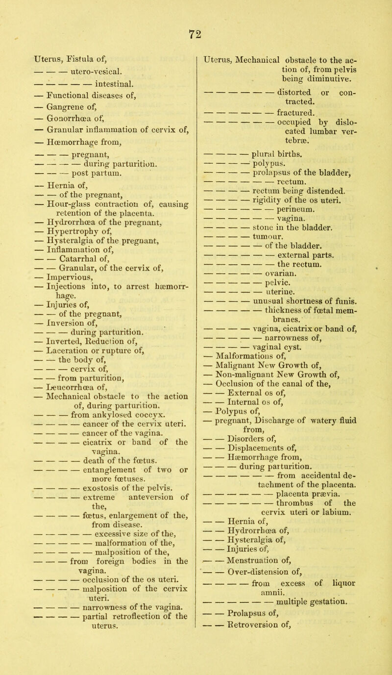 Uterus, Fistula of, utero-vesical. intestinal. — Functional diseases of, — Gangrene of, — Gonorrhoea of, — Granular inflammation of cervix of, — Hoemorrhage from, pregnant, during parturition. post partum. — Hernia of, of the pregnant, — Hour-glass contraction of, causing retention of the placenta. — Hydrorrhcea of the pregnant, — Hypertrophy of, — Hysteralgia of the pregnant, — Inflammation of, Catarrhal of, Granular, of the cervix of, — Impervious, — Injections into, to arrest haemorr- hage. — Injuries of, of the pregnant, — Inversion of, during parturition. — Inverted, Reduction of, — Laceration or rupture of, the body of, cervix of, from parturition, — Leucorrhcea of, — Mechanical obstacle to the action of, during parturition. from ankylosed coccyx. cancer of the cervix uteri. cancer of the vagina. cicatrix or band of the vagina. death of the foetus. entanglement of two or more foetuses. exostosis of the pelvis. extreme anteversion of the, fetus, enlargement of the, from disease. excessive size of the, malformation of the, malposition of the, from foreign bodies in the vagina. occlusion of the os uteri. malposition of the cervix uteri. narrowness of the vagina. partial retroflection of the uterus. Uterus, Mechanical obstacle to the ac- tion of, from pelvis being diminutive. distorted or con- tracted. fractured. occupied by dislo- cated lumbar ver- tebrae. plural births. polypus. prola psus of the bladder, rectum. rectum being distended. rigidity of the os uteri. perineum. vagina. stone in the bladder. tumour. of the bladder. external parts. the rectum. ovarian. pelvic. uterine. unusual shortness of funis. thickness of fetal mem- branes. vagina, cicatrix or band of, : narrowness of, vaginal cyst. — Malformations of, — Malignant New Growth of, — Non-malignant New Growth of, — Occlusion of the canal of the, External os of, Internal os of, — Polypus of, — pregnant, Discharge of watery fluid from, Disorders of, Displacements of, Haemorrhage from, during parturition. from accidental de- tachment of the placenta. placenta praevia. thrombus of the cervix uteri or labium. Hernia of, Hydrorrhcea of, Hysteralgia of, Injuries of, Menstruation of, Over-distension of, from excess of liquor amnii. multiple gestation. Prolapsus of, Retroversion of,