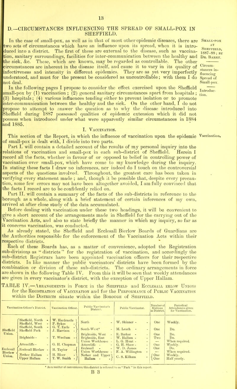 D.—CIRCUMSTANCES INFLUENCING THE SPREAD OF SMALL-POX IN SHEFFIELD. In the case of small-pox, as well as in that of most other epidemic diseases, there are two sets of circumstances which have an influence upon its spread, when it is intro- duced into a district. The first of these are external to the disease, such as vaccina- tion, sanitary surroundings, facilities for inter-communication between the healthy and the sick, &c. These, which are known, may be regarded as controllable, The other circumstances are inherent in the disease itself, and cause it to vary in its quality of infectiveness and intensity in different epidemics. They are as yet very imperfectly understood, and must for the present be considered as uncontrollable; with them I do not deal. In the following pages I propose to consider the effect exercised upon the Sheffield small-pox by (1) vaccination ; (2) general sanitary circumstances apart from hospitals ; (3) hospitals; (4) various influences tending either to prevent isolation or to promote inter-communication between the healthy and the sick. On the other hand, I do not propose to attempt to answer the question as to why the disease introduced into Sheffield during 1887 possessed qualities of epidemic extension which it did not possess when introduced under what were apparently similar circumstances in 1884 and 1885. Small-pox at Sheffield, 1887-88 ; BY Dr. Barry. Circum- stances in- fluencing Spread of Small-pox. Introduc- tion. I. Vaccination. This section of the Report, in which the influence of vaccination upon the epidemic Vaccination, of small-pox is dealt with, I divide into two parts. Part I. will contain a detailed account of the results of my personal inquiry into the relations of vaccination and small-pox in each sub-district of Sheffield. Herein I record all the facts, whether in favour of or opposed to belief in controlling power of vaccination over small-pox, which have come to my knowledge during the inquiry. In stating these facts I draw no inferences, nor indeed do I touch on the controversial aspects of the questions involved. Throughout, the greatest care has been taken in verifying every statement made ; and, though it be possible that, despite every precau- tion, some few errors may not have been altogether avoided, I am fully convinced that the facts I record are to be confidently relied on. Part II, will contain a summary of the facts of the sub-districts in reference to the borough as a whole, along with a brief statement of certain inferences of my own, arrived at after close study of the data accumulated. Before dealing with vaccination under these two headings, it will be convenient to give a short account of the arrangements made in Sheffield for the carrying out of the Vaccination Acts, and also to state briefly the manner in which my inquiry, so far as it concerns vaccination, was conducted. As already stated, the Sheffield and Ecclesall Bierlow Boards of Guardians are the Authorities responsible for the enforcement of the Vaccination Acts within their respective districts. Each of these Boards has, as a matter of convenience, adopted the Registration sub-divisions as “ districts ” for the registration of vaccination, and accordingly the sub-district Registrars have been appointed vaccination officers for their respective districts. In like manner the public vaccinators’ districts have been formed by the combination or division of these sub-districts. The ordinary arrangements in force are shown in the following Table IV. From this it will be seen that weekly attendances are given in every vaccinator’s district, with the exception of Upper Hallam. TABLE IV.—Arrangements in Force in the Sheffield and Ecclesall erlow Unions for the Registration of Vaccination and for the Performance of Public Vaccination within the Districts situate within the Borough of Sheffield. Vaccination Officer’s District. 'Sheffield, North Sheffield, West - Sheffield, South Sheffield . Sheffield Park Union. Brightside - _Attercliffe - Ecclesall Bierlow Union. .Ecclesall Bierlow - Nether Ilallam .Upper Hallam Vaccination Officer. W. Hardcastle 1 P. Sykes - j G. T. Earle - \ J. Harrison - J T. Wooll am - G. H. Chapman H. Taylor -j H. Bloor - I T. W. Smith - / Public Vaccinator's District. Public Vaccinator. N umber ol Stations in District. Periodical Attendances given for Vaccination. North W. Skinner - One Weekly. South-West* M. Leach One Do. Brightside, West Brightside, East E. Barker One Do. W. Hallam - Two Do. Union Workhouse - L. G. Hunt - — When required. Attercliffe - G. H. Shaw - One Weekly. Ecclesall W. D. James One Do. Union Workhouse - F. A. Willington ■ When required. Nether and Upper \ Hallam - - J C. S. Kilham J One t One W eekly. Half yearly. * As a matter of convenience this district is referred to as “ Park ” in this report.