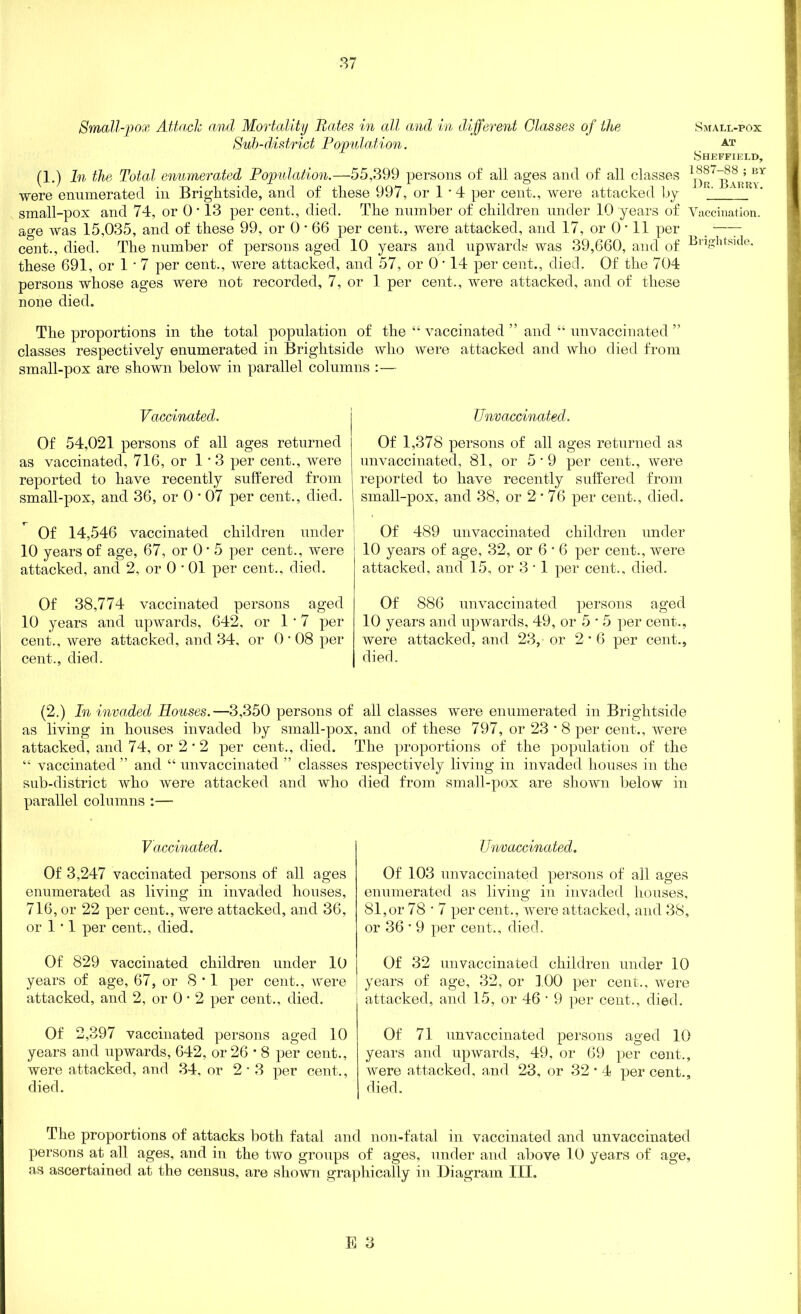 Small-pox Attach and Mortality Rates in all and in different Glasses of the Small-pox Sub-district Population. AT Sheffield, (1.) In the Total enumerated Population.—55,399 persons of all ages and of all classes were enumerated in Brightside, and of tliese 997, or 1 • 4 per cent., were attacked by 1  small-pox and 74, or 0 • 13 per cent., died. The number of children under 10 years of Vaccination, age was 15,035, and of these 99, or 0 • 66 per cent., were attacked, and 17, or 0'11 per ( —7 cent., died. The number of persons aged 10 years and upwards was 39,660, and of t>nghtside. these 691, or 1 • 7 per cent., were attacked, and 57, or 0 ■ 14 per cent., died. Of the 704 persons whose ages were not recorded, 7, or 1 per cent., were attacked, and of these none died. The proportions in the total population of the “ vaccinated ” and “ unvaccinated ” classes respectively enumerated in Brightside who were attacked and who died from small-pox are shown below in parallel columns :— Vaccinated. Of 54,021 persons of all ages returned as vaccinated, 716, or 1 * 3 per cent., were reported to have recently suffered from small-pox, and 36, or 0 • 07 per cent., died. Of 14,546 vaccinated children under 10 years of age, 67, or 0 - 5 per cent., were attacked, and 2, or 0 • 01 per cent., died. Of 38,774 vaccinated persons aged 10 years and upwards, 642, or 1 • 7 per cent., were attacked, and 34, or O'08 per cent., died. TJnvaccinated. Of 1,378 persons of all ages returned as unvaccinated, 81, or 5 • 9 per cent., were reported to have recently suffered from small-pox, and 38, or 2 • 76 per cent., died. Of 489 unvaccinated children under 10 years of age, 32, or 6 • 6 per cent., were attacked, and 15, or 3 • 1 per cent., died. Of 886 unvaccinated persons aged 10 years and upwards, 49, or 5 * 5 per cent., were attacked, and 23, or 2*6 per cent., died. (2.) In invaded Houses.—3,350 persons of all classes were enumerated in Brightside as living in houses invaded by small-pox, and of these 797, or 23 * 8 per cent., were attacked, and 74, or 2 * 2 per cent., died. The proportions of the population of the “ vaccinated ” and “ unvaccinated ” classes respectively living in invaded houses in the sub-district who were attacked and who died from small-pox are shown below in parallel columns :— Vaccinated. Of 3,247 vaccinated persons of all ages enumerated as living in invaded houses, 716, or 22 per cent., were attacked, and 36, or 1 * 1 per cent., died. Of 829 vaccinated children under 10 years of age, 67, or 8*1 per cent., were attacked, and 2, or 0 * 2 per cent., died. Of 2,397 vaccinated persons aged 10 years and upwards, 642, or 26 * 8 per cent., were attacked, and 34, or 2*3 per cent., died. Unvaccinated. Of 103 unvaccinated persons of all ages enumerated as living in invaded houses, 81,or 78 * 7 per cent., were attacked, and 38, or 36 * 9 per cent., died. Of 32 unvaccinated children under 10 years of age, 32, or 100 per cent., were attacked, and 15, or 46 * 9 per cent., died. Of 71 unvaccinated persons aged 10 years and upwards, 49, or 69 per cent., were attacked, and 23, or 32*4 per cent., died. The proportions of attacks both fatal and non-fatal in vaccinated and unvaccinated persons at all ages, and in the two groups of ages, under and above 10 years of age, as ascertained at the census, are shown graphically in Diagram III. E Q O