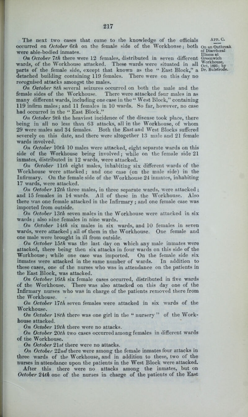 The next two cases that came to I he knowledge of the officials occurred on October Qth on the female side of the Workhouse; both were able-bodied inmates. On October 1th there were 12 females, distributed in seven different wards, of the Workhouse attacked. These wards were situated in all parts of the female side, except that known as the “ East Block,” a detached building containing 119 females. There were on this day no recognised attacks amongst the males. On October ^th several seizures occurred on both the male and the female sides of the Workhouse. There were attacked four males in as many different wards, including one case in the ‘‘ West Block,” containing 119 infirm males; and 11 females in 10 wards. So far, however, no case had occurred in the “ East Block.” On October 9th the heaviest incidence of the disease took place, there being in all no le.ss than 63 attacks, all in the Workhouse, of whom 29 were males and 34 females. Both the East and West Blocks suffered severely on this date, and there were altogether 13 male and 21 female wards involved. On October \0th 10 males were attacked, eight sepanite wards on this side of the Workhouse being involved; while on the female side 21 inmates, distributed in 12 wards, were attacked. On October Wth eight males, inhabiting six different wards of the Workhouse were attacked; and one case (on the male side) in the Infirmary. On the female side of the Workhonse 24 inmates, inhabiting 17 wards, were attacked. On October \2th three males, in three separate wards, were attacked; and 15 females in 14 wards. ^411 of these in the Workhonse. Also there was one female attacked in the Infirmary; and one female case was imported from outside. On October \Zth seven males in the Workhouse were attacked in six wards; also nine females in nine wards. On October 14M six males in six wards, and 10 females in seven wards, were attacked ; all of them in the Workhouse. One female and one male were brought in ill from outside. On October \hth was the last day on which any male inmates were attacked, there being then six attacks in four wards on this side of the Workhouse; while one case was imported. On the female side six inmates were attacked in the same number of wards. In addition to these cases, one of the nurses who was in attendance on the patients in the East Block, was attacked. On October 16^A six female cases occurred, distributed in five wards of the Workhouse. There was also attacked on this day one of the Infirmary nurses who was in charge of the patients removed there from the Workhouse. On October \lth seven females were attacked in six wards of the Workhouse. On October 18fA there was one girl in the “ nursery ” of the Work- house attacked. On October \9th there were no attacks. On October 20th two cases occurred among females in different wards of the Workhouse. 0)1 October 21^^ there were no attacks. On October 22nd there were among the female inmates four attacks in three wards of the Workhouse, and in addition to these, two of the nurses in attendance upon the patients in the West Block were attacked. After this there were no attacks among the inmates, but on October 2\th one of the nurses in charge of the patients of the East App. C. On an Outbreak of Diarrhoeal Illness at Greenwich Workhouse, Oct. 1893; by