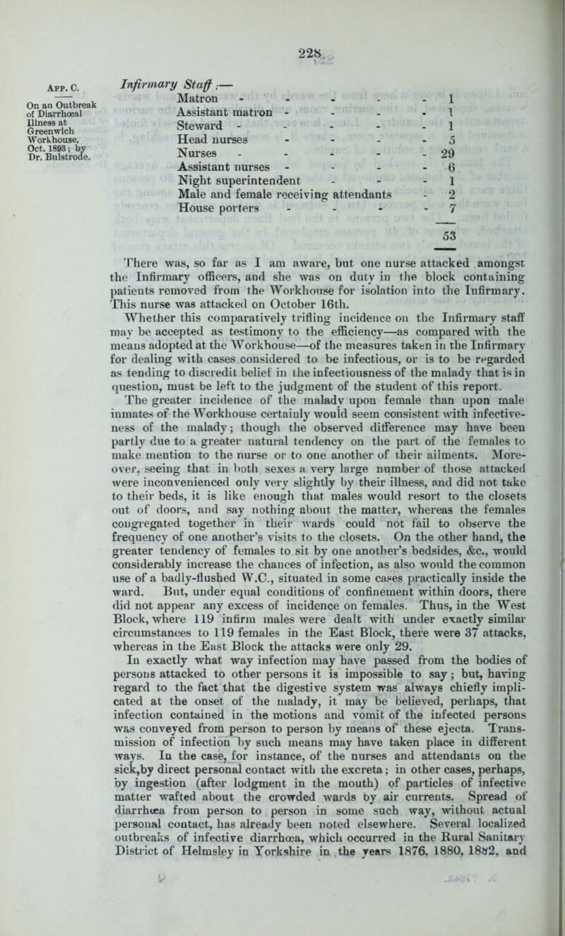 App. C. On an Outbreak of Diarrhoea! Illness at Greenvrich Workhouse, Oct. 1893; by Dr. Bulstrode. Infirmary Staff:— Matron - - - . Assistant matron - Steward - - - Head nurses - . . Nurses - Assistant nurses - Night superintendent Male and female receiving attendants House porters 1 1 1 5 - 29 - 6 1 - 2 - 7 53 There was, so far as I am aware, but one nurse attacked amongst the Infirmary officers, and she was on duty in the block containing patients removed from the Workhouse for isolation into the Infirmary. This nurse was attacked on October 16th. Whether this comparatively trifling incidence on the Infirmary staff may be accepted as testimony to the efficiency—as compared with the means adopted at the Workhouse—of the measures taken in the Infirmary for dealing with cases considered to be infectious, or is to be regarded as tending to discredit belief in the infectiousness of the malady that is in question, must be left to the judgment of the student of this report. The greater incidence of the malady upon female than upon male inmates of the Workhouse certainly would seem consistent with infective- ness of the malady; though the observed difference may have been partly due to a greater natural tendency on the part of the females to make mention to the nurse or to one another of their ailments. More- over, seeing that in both, sexes a very large number of those attacked were inconvenienced only very slightly by their illness, and did not take to their beds, it is like enough that males would resort to the closets out of doors, and say nothing about the matter, whereas the females congregated together in their wards could not fail to observe the frequency of one another’s visits to the closets. On the other hand, the greater tendency of females to sit by one another’s bedsides, &c., would considerably increase the chances of infection, as also would the common use of a badly-flushed W.C., situated in some cases practically inside the ward. But, under equal conditions of confinement within doors, there did not appear any excess of incidence on females. Thus, in the West Block, where 119 infirm males were dealt with under exactly similar circumstances to 119 females in the East Block, there were 37 attacks, whereas in the East Block the attacks were only 29. In exactly what way infection may have passed from the bodies of persons attacked to other persons it is impossible to say; but, having regard to the fact that the digestive system was always chiefly impli- cated at the onset of the malady, it may be believed, perhaps, that infection contained in the motions and vomit of the infected persons was conveyed from person to person by means of these ejecta. Trans- mission of infection by such means may have taken place in different ways. In the case, for instance, of the nurses and attendants on the sick,by direct personal contact with ihe excreta; in other cases, perhaps, by ingestion (after lodgment in the mouth) of particles of infective matter wafted about the crowded wards by air currents. Spread of diarrhuea from person to person in some such way, without actual personal contact, has already been noted elsewhere. Several localized outbreaks of infective diarrhoea, which occurred in the Rural Sanitary District of Helmsley in Yorkshire in the years 1876, 1880, 1882, and