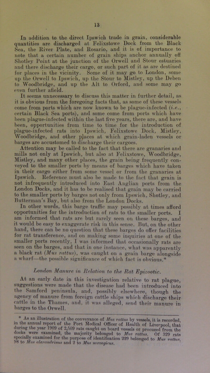 In addition to the direct Ipswich trade in grain, considerable quantities are discharged at Felixstowe Dock from the Black Sea, the River Plate, and Rosario, and it is of importance to note that a certain number of grain ships anchor annually oft' Shotley Point at the junction of the Orwell and Stour estuaries and there discharge their cargo, or such part of it as are destined for places in the vicinity. Some of it may go to Tiondon, some up the Orwell to Ipswich, up the Stour to Mistley, up the Deben to Woodbridge, and up the Alt to Orford, and some may go even further afield. It seems unnecessary to discuss this matter in further detail, as it is obvious from the foregoing facts that, as .some of these vessels come from ports which are now known to be plague-infected {i.e., certain Black Sea ports), and some come from ports which have been plague-infected within the last five years, there are, and have been, opportunities from time to time for the introduction of plague-infected rats into Ip.swich, Felixstowe Dock, Mistley, Woodbridge, and other pjaces at which grain-laden vessels or barges are accustomed to discharge their cargoes. Attention may be called to the fact that there are granaries and mills not only at Ipswich, but also at Felixstowe, Woodbridge, Mistley, and many other places, the grain being frequently con- veyed to the smaller ports by means of barges which have taken in their cargo either from some vessel or from the granaries at Ipswich. Reference must also be made to the fact that grain is not infrequently introduced into East Anglian ports from the London Docks, and it has to be realised that grain may be carried to the smaller ports by barges not only from Ipswich, Shotley, and Butterman’s Bay, but also from the London Docks. In other words, this barge traffic may ]>ossibly at times afford opportunities for the introduction of rats to the smaller ports. I am informed that rats are but rarely seen on these barges, and it would be easy to exaggerate risk in this sense. But, on the other hand, there can be no question that these barges do offer facilities for rat transference, and on making some inquiries at one of the smaller ports recently, I was informed that occasionally rats are seen on the barges, and that in one instance, what was apparently a black rat {Mns rattua), was caught on a grain barge alongside a wharf—the possible significance of which fact is obvious.* London Manure rn lirlntwn to the Rat Ejnzootic. At an early date in this investigation relative to rat plague, suggestions were made that the disease had been introduced into the Samford peninsula, and, possibly elsewhere, though the agency of manure from foreign cattle ships which discharge their cattle in the Thames, and, it was alleged, send their manure in barges to the Orwell. As an illustration of the conveyance of Mus rattus by vessels, it is recorded m the annual report of the Port Medical Officer of Health of Liverpool that during the year 1909 of 2,509 rats caught on board vessels or procured from the docks were examined, the majority belonged to Mus rattus. Of .S29 rats specially examined for the purpose of identification 229 belonged to Mus rattus. .*8 to Mas aleran/irhius and 2 to Mus vnrregirus. '