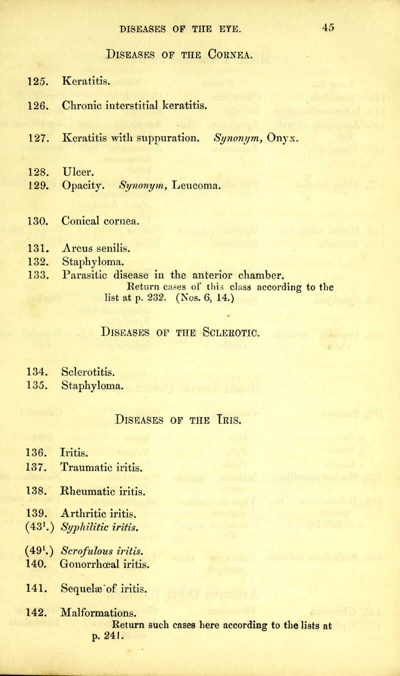 Diseases of the Cornea. 125. Keratitis. 126. Chronic interstitial keratitis. 127. Keratitis with suppuration. Synonym, Onyx. 128. Ulcer. 129. Opacity. Synonym, Leucoma, 130. Conical cornea. 131. Arcus senilis. 132. Staphyloma. 133. Parasitic disease in the anterior chamber. Return cases of this class according to the list at p, 232. (Nos. 6, 14.) Diseases of the Sclerotic. 134. Sclerotitis. 135. Staphyloma. Diseases of the Iris. 136. Iritis. 137. Traumatic iritis. 138. Rheumatic iritis. 139. Arthritic iritis. (431.) Syphilitic iritis. (49l.) Scrofulous iritis. 140. Gonorrhoeal iritis. 141. Sequelae of iritis. 142. Malformations. Return such cases here according to the lists at p. 241.