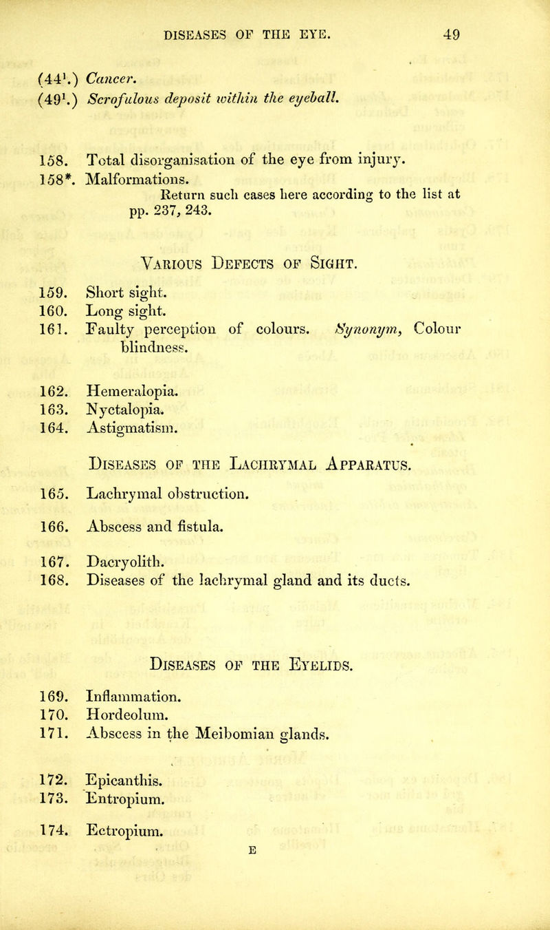 (441.) Cancer. (491.) Scrofulous deposit within the eyeball. 158. Total disorganisation of the eye from injury. 158*. Malformations. Return such cases here according to the list at pp. 237, 243. Various Defects of Sight. 159. Short sight. 160. Long sight. 161. Faulty perception of colours. Synonym, Colour blindness. 162. Hemeralopia. 163. Nyctalopia. 164. Astigmatism. Diseases of the Lachrymal Apparatus. 165. Lachrymal obstruction. 166. Abscess and fistula. 167. Dacryolith. 168. Diseases of the lachrymal gland and its ducts. Diseases of the Eyelids. 169. Inflammation. 170. Hordeolum. 171. Abscess in the Meibomian glands. 172. Epicanthis. 173. Entropium. 174. Ectropium. E