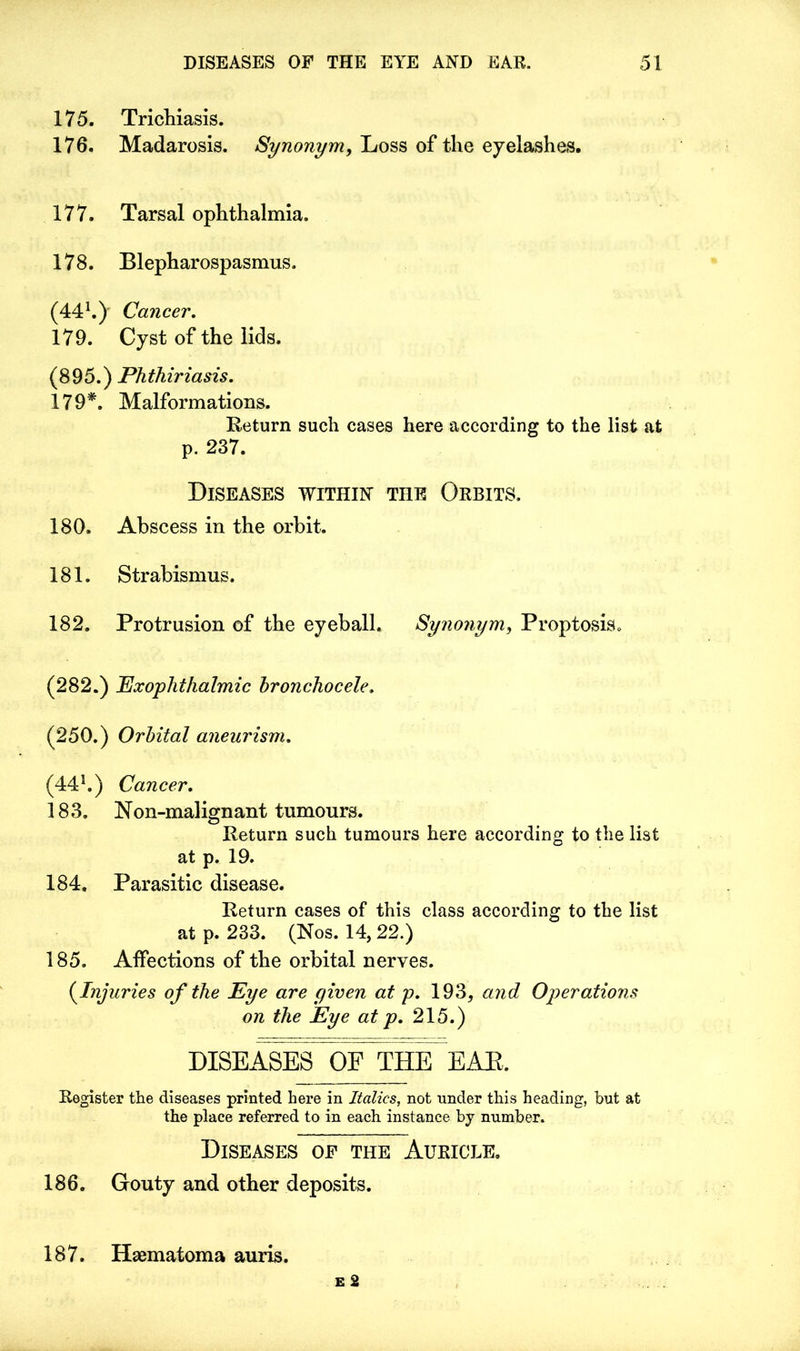 175. Trichiasis. 176. Madarosis. Synonym, Loss of the eyelashes. 177. Tarsal ophthalmia. 178. Blepharospasmus. (441.)- Cancer. 179. Cyst of the lids. (895.) Phthiriasis. 179*. Malformations. Return such cases here according to the list at p. 237. Diseases within the Orbits. 180. Abscess in the orbit. 181. Strabismus. 182. Protrusion of the eyeball. Synonym, Proptosis. (282.) Exophthalmic hronchocele. (250.) Orbital aneurism. (441.) Cancer. 183. Non-malignant tumours. Return such tumours here according to the list at p. 19. 184. Parasitic disease. Return cases of this class according to the list at p. 233. (Nos. 14, 22.) 185. Affections of the orbital nerves. (.Injuries of the Eye are given at p. 193, and Operations on the Eye at p. 215.) DISEASES OP THE EAR. Register the diseases printed here in Italics, not under this heading, but at the place referred to in each instance by number. Diseases op the Auricle. 186. Gouty and other deposits. 187. Haematoma auris.