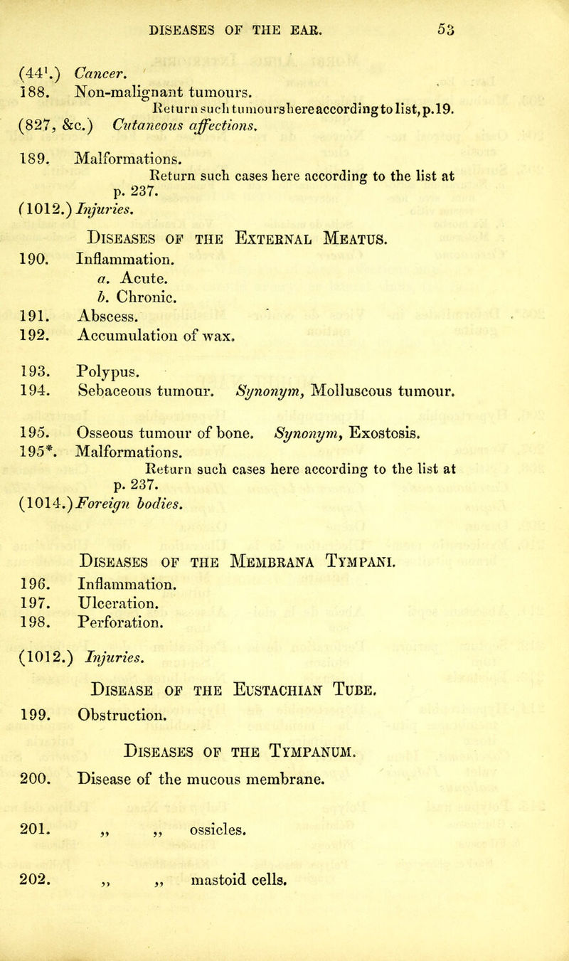 (441.) Cancer. 188. JSTon-malignant tumours. Re t u r n s u c h t u mo u rs Ii ere accord i n g to 1 i st, p. 19. (827, &c.) Cutaneous affections. 189. Malformations. Return such cases here according to the list at p. 237. (1012.) Injuries. Diseases of the External Meatus. 190. Inflammation. a. Acute. b. Chronic. 191. Abscess. 192. Accumulation of wax. 193. Polypus. 194. Sebaceous tumour. Synonym, Molluscous tumour. 195. Osseous tumour of bone. Synonym, Exostosis. 195*. Malformations. Return such cases here according to the list at p. 237. (1014.)Foreign bodies. Diseases of the Membrana Tympani. 196. Inflammation. 197. Ulceration. 198. Perforation. (1012.) Injuries. Disease of the Eustachian Tube. 199. Obstruction. Diseases of the Tympanum. 200. Disease of the mucous membrane. 201. ,, ,, ossicles. 99 99 202. mastoid cells.