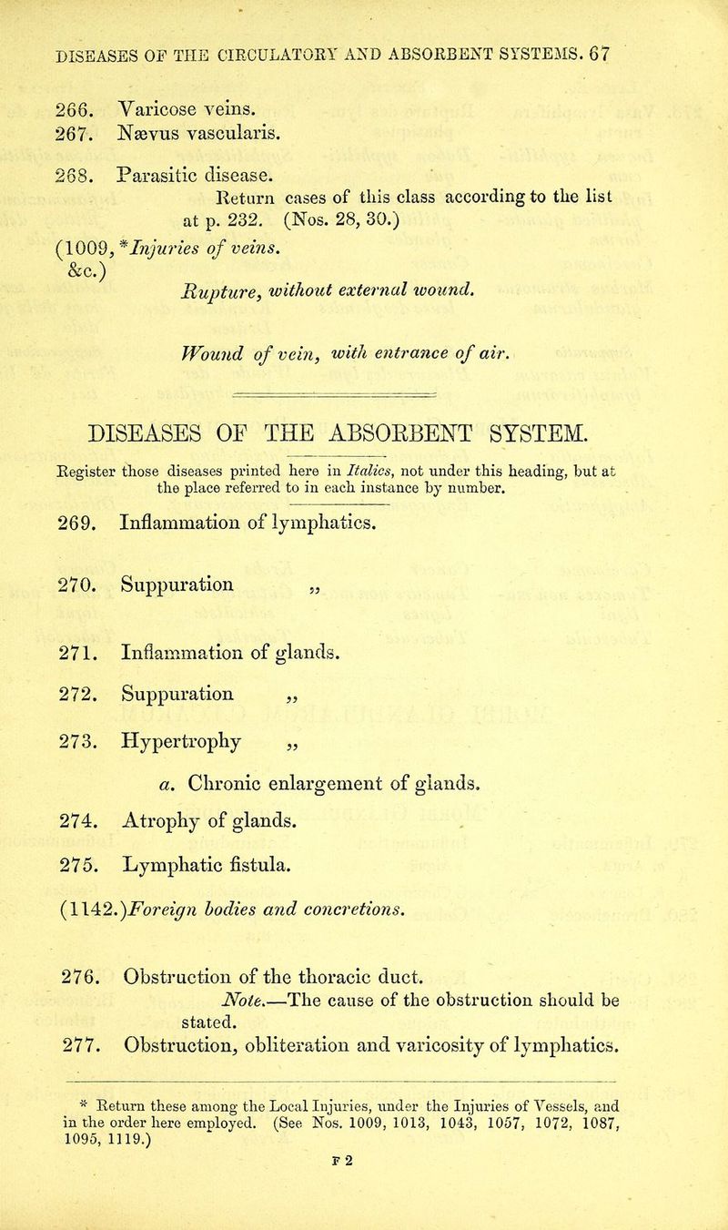 266. Varicose veins. 267. Naevus vascularis. 268. Parasitic disease. Return cases of this class according to the list at p. 232. (Nos. 28, 30.) (1009, * Injuries of veins. &c.) Rupture, without external wound. Wound of vein, with entrance of air. DISEASES OF THE ABSORBENT SYSTEM. Register those diseases printed here in Italics, not under this heading, but at the place referred to in each instance by number. 269. Inflammation of lymphatics. 270. Suppuration „ 271. Inflammation of glands. 272. Suppuration ,, 273. Hypertrophy „ a. Chronic enlargement of glands. 274. Atrophy of glands. 275. Lymphatic fistula. (1142.^Foreign bodies and concretions. 276. Obstruction of the thoracic duct. Note.—The cause of the obstruction should be stated. 277. Obstruction, obliteration and varicosity of lymphatics. * Return these among the Local Injuries, under the Injuries of Vessels, and in the order here employed. (See Nos. 1009, 1013, 1043, 1057, 1072, 1087, 1095, 1119.)