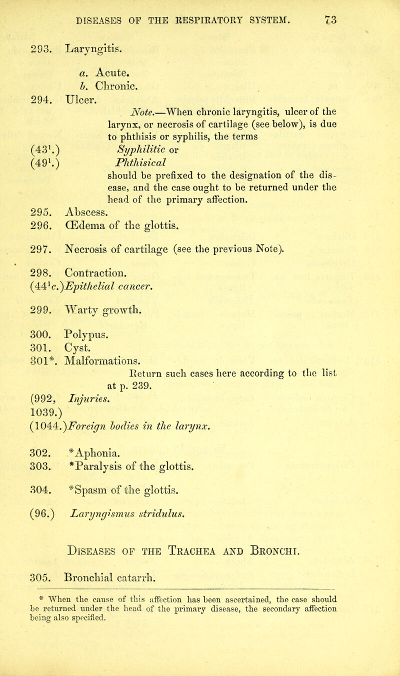 293. Laryngitis. a. Acute. b. Chronic. 294. Ulcer. Note.—When chronic laryngitis, ulcer of the larynx, or necrosis of cartilage (see below), is due to phthisis or syphilis, the terms (431.) Syphilitic or (4 91.) Pli th isical should be prefixed to the designation of the dis- ease, and the case ought to be returned under the head of the primary affection. 295. Abscess. 296. (Edema of the glottis. 297. Necrosis of cartilage (see the previous Note). 298. Contraction. (441 c.)Epithelial cancer. 299. Warty growth. 300. Polypus. 301. Cyst. 3 01 *. Malformations. Return such cases here according to the list at p. 239. (992, Injuries. 1039.) (1044.^Foreign bodies in the larynx. 302. * Aphonia. 303. ^Paralysis of the glottis. 304. * Spasm of the glottis. (96.) Laryngismus stridulus. Diseases of the Trachea and Bronchi. 305. Bronchial catarrh. * When the cause of this affection has been ascertained, the case should be returned under the head of the primary disease, the secondary affection