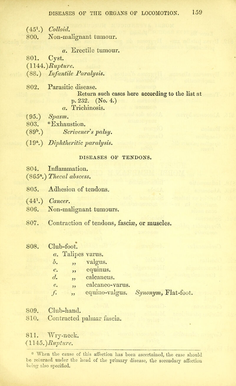 (451.) Colloid. 800. Non-malignant tumour. a. Erectile tumour. 801. Cyst. (1144 .^Rupture. (88.) Infantile Paralysis. 802. Parasitic disease. Return such cases here according to the list at p. 232. (No. 4.) a. Trichinosis. (95.) Spasm. 803. * Exhaustion. (89b.) Scrivener's palsy. (19a.) Diphtheritic paralysis. DISEASES OF TENDONS. 804. Inflammation. (865a.) Thecal abscess. 805. Adhesion of tendons. (44l.) Cancer. 808. Non-malignant tumours. 807. Contraction of tendons* fasciae* or muscles. 808. Club-foot. a. Talipes varus. b. valgus. c. 33 equinus. d. 33 calcaneus. e. 33 calcaneo-varus. /• 33 equino-valgus. Synonym* Flat-foot. 809. Club-hand. 810. Contracted palmar fascia. 811. Wry-neck. (1145.) Rupture. 'k When the cause of this affection has been ascertained, the case should he returned under the head of the primary disease, the secondary affection being also specified.