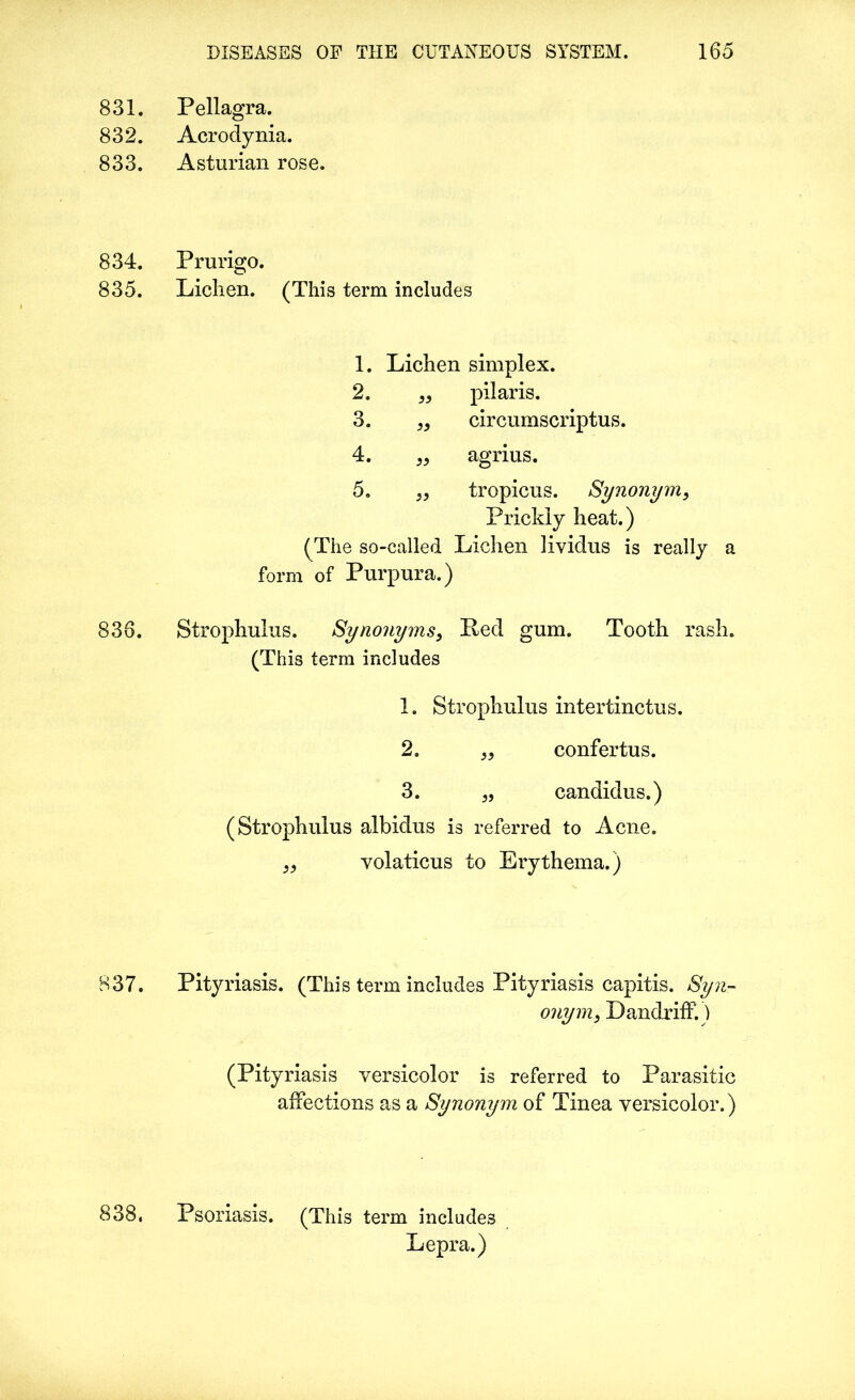 831. Pellagra. 832. Acrodynia. 833. Asturian rose. 834. Prurigo. 835. Lichen. (This term includes 1. Lichen simplex. 2. „ pilaris. 3. „ circumscriptus. 4. „ agrius. 5. „ tropicus. Synonym, Prickly heat.) (The so-called Lichen lividus is really a form of Purpura.) 836. Strophulus. Synonyms, Ped gum. Tooth rash. (This term includes 1. Strophulus intertinctus. 2. „ confertus. 3. J5 candidus.) (Strophulus albidus is referred to Acne. „ volaticus to Erythema.) 837. Pityriasis. (This term includes Pityriasis capitis. Syn- onym.) Dandriff.) (Pityriasis versicolor is referred to Parasitic affections as a Synonym of Tinea versicolor.) 838. Psoriasis. (This term includes Lepra.)