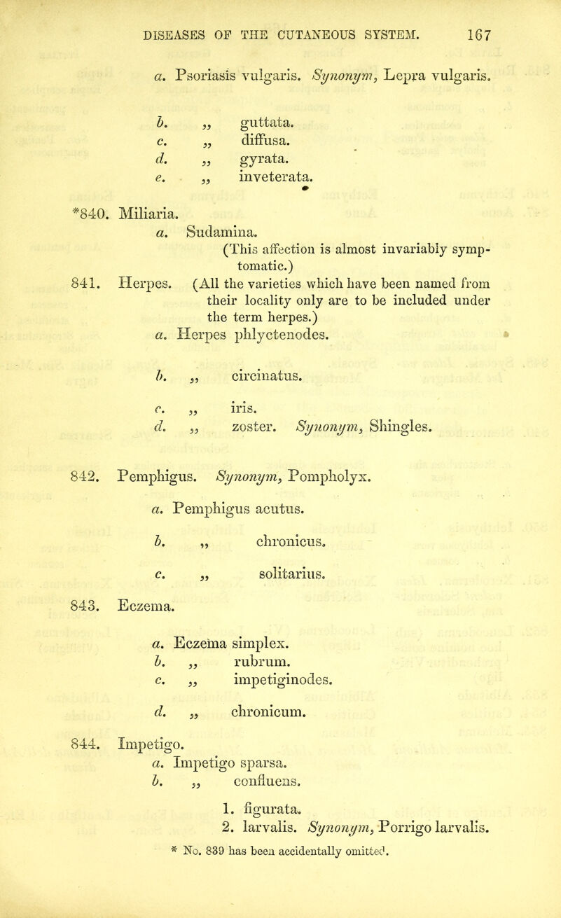 *840. 841. 842. 843. 844. DISEASES OF THE CUTANEOUS SYSTEM. 167 a. Psoriasis vulgaris. Synonym, Lepra vulgaris. guttata, diffusa, gyrata. inveterata. m Miliaria. a. Sudamina. (This affection is almost invariably symp- tomatic.) Herpes. (All the varieties which have been named from their locality only are to be included under the term herpes.) a. Herpes phlyctenodes. circinatus. iris. zoster. Synonym., Shingles. Pemphigus. Synonyms Pompholyx. a. Pemphigus acutus. b. „ chronicuSo c. „ solitarius. Eczema. a. Eczema simplex. b. „ rubrum. c. s^ impetiginodes. cl. si chronicum. Impetigo. a. Impetigo sparsa. b. si confluens. 2. larvalis. Synonyms Porrigo larvalis. * No. 839 has been accidentally omitted. b.