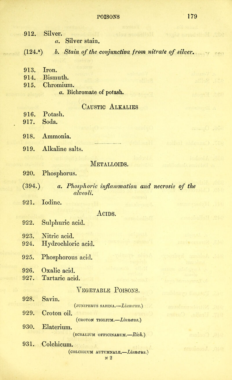 912. Silver. a. Silver stain. (124.a) b. Stain of the conjunctiva from nitrate of silver. 913. Iron. 914. Bismuth. 915. Chromium. a. Bichromate of potash. Caustic Alkalies 916. Potash. 917. Soda. 918. 919. 920. (394.) 921. 922. 923. 924. 925. 926. 927. 928. 929. 930. 931. Ammonia. Alkaline salts. Metalloids. Phosphorus. a. Phosphoric inflammation and necrosis of the alveoli. Iodine. Acids. Sulphuric acid. Nitric acid. Hydrochloric acid. Phosphorous acid. Oxalic acid. Tartaric acid. Vegetable Poisons. Savin. (jUNIPERTJS SABINA. LinUCSUS.) Croton oil. (croton tiglium.—Linnceus.) Elaterium. (ecbalium officinarum.—Rich.) Colchicum. (COLCHICTJM AUTUMNALE.—JaMMBUS.)