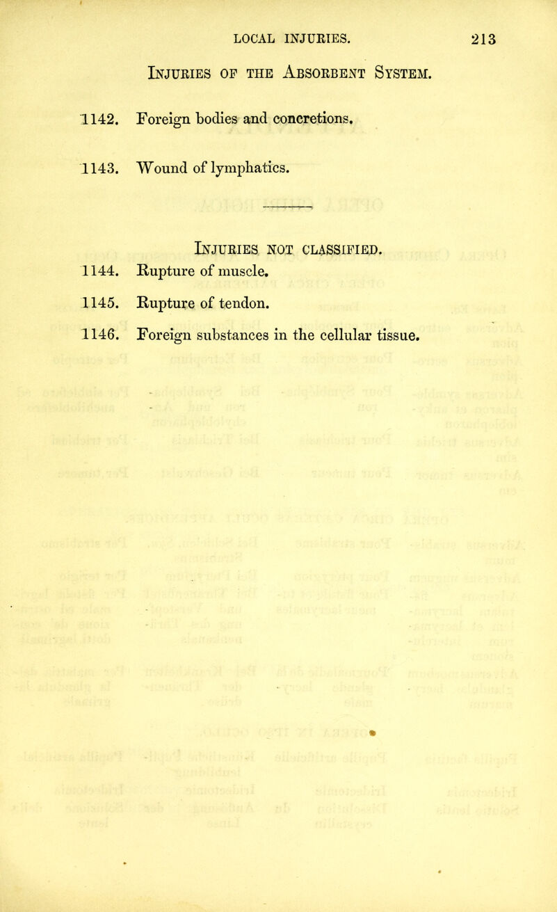 Injuries op the Absorbent System. 1142. Foreign bodies and concretions. 1143. Wound of lymphatics. Injuries not classified. 1144. Rupture of muscle. 1145. Rupture of tendon. 1146. Foreign substances in the cellular tissue.