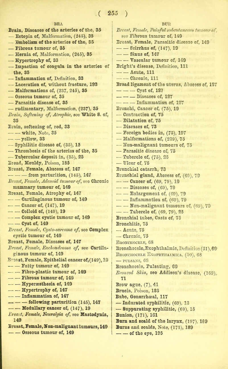 ( V 255 ) BRA Brain, Diseases of the arteries of the, 35 — Ectopia of, Malformation, (245), 35 — Embolism of the arteries of the, 85 — Fibrous tumour of, 35 — Hernia of, Malformation, (245), 35 — Hypertrophy of, 33 — Impaction of eoagula in the arteries of the, 35 — Inflammation of, Definition, 33 — Laceration of, without fracture, 193 — Malformations of, (237, 245), 35 — Osseous tumour of, 35 — Parasitic disease of, 35 — rudimentary, Malformation, (237), 35 Brain, Softening of Atrophic, see White S, of, 35 Brain, softening of, red, S3 white, Note, 35 yellow, 33 — Syphilitic disease of, (35), 15 — Thrombosis of the arteries of the, 35 — Tubercular deposit in, (35), 25 Bread, Mouldy, Poison, 185 Breast, Female, Abscess of, 147 • — from parturition, (145), 147 Breast, Female, Adenoid tumour of see Chronic mammary tumour of, 149 Breast, Female, Atrophy of, 147 • Cartilaginous tumour of, 149 — — Cancer of, (147), 19 Colloid of, (149), 19 — — Complex cystic tumour of, 149 Cyst of, 149 Breast, Female, Cysto-sarcoma of, see Complex cystic tumour of, 149 Breast, Female, Diseases of, 147 Breast, Female, Fnchondroma of, see Cartila- ginous tumour of, 149 Breast, Female, Epithelial cancer of,(149), 19 Fatty tumour of, 149 — — Fibro-plastic tumour of, 149 — — Fibrous tumour of, 149 Hyperesthesia of, 149 — — Hypertrophy of, 147 Inflammation of, 147 — following parturition (145), 147 — — Medullary cancer of, (147), 19 Breast, Female, Neuralgia of, see Masto&ynia, 149 Breast, Female, Non-malignant tumours, 149 Osseous tumour of, 149 BUR B?rast, Female, Painful subcutaneous tumour of, see Fibrous tumour of, 149 Breast, Female, Parasitic disease of, 149 Scirrhus of, (147), 19 — — Sinus of, 147 Vascular tumour of, 149 Bright’s disease, Definition, 111 | Acute, 111 ! — Chronic, 111 Broad ligament of the uterus, Abscess of, 127 I Cyst of, 127 Diseases of, 127 — — — Inflammation of, 127 Bronchi, Cancer of, (75), 19 — Contraction of, 75 — Dilatation of, 75 — Diseases of, 73 — Foreign bodies in, (75), 197 — Malformations of, (239), 75 — Non-maiignant tumours of, 75 — Parasitic disease of, 75 — Tubercle of, (75), 25 — Ulcer of, 75 Bronchial catarrh, 73 Bronchial gland, Abscess of, (69), 79 Cancer of, (69, 79), 19 Diseases of, (69), 79 Enlargement of, (69), 79 Inflammation of, (69), 79 — — Non-malignant tumours of, (69), 79 Tubercle of, (69, 79), 25 Bronchial tubes, Casts of, 75 Bronchitis, 75 — Acute, 75 — Chronic, 75 Bronchocele, 68 Bronchocele, Exophthalmic, Definition (51), 60 Bronchocele Exophthalmica, (50), 68 PTTLSANS, 68 Bronchocele, Pulsating, 69 Bronzed Skin, see Addison’s disease, (169),. 71 Brow ague, (7), 41 Brucia, Poison, 188 Bubo, Gonorrhoeal, 117 — Indurated syphilitic, (69), 13 — Suppurating syphilitic, (69), 15 Bunion, (171), 161 Burn and scald of the larynx, (197), 189 Burns and scalds, Note, (173), 183 of the eye, 195