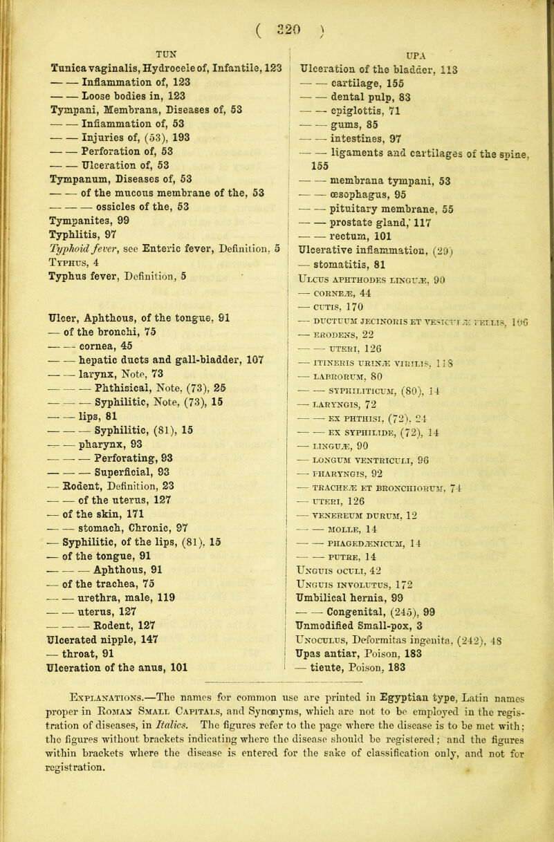 ( 220 ) TUN Tunica vaginalis, Hydrocele of, Infantile, 123 Inflammation of, 123 Loose bodies in, 123 Tympani, Membrana, Diseases of, 53 Inflammation of, 53 — — Injuries of, (53), 193 Perforation of, 53 Ulceration of, 53 Tympanum, Diseases of, 53 of the mucous membrane of the, 53 ossicles of the, 53 Tympanites, 99 Typhlitis, 97 Typhoid fever, see Enteric fever, Definition, 5 Typhus, 4 Typhus fever, Definition, 5 Ulcer, Aphthous, of the tongue, 91 — of the bronchi, 75 cornea, 45 — — hepatic ducts and gall-bladder, 107 larynx, Note, 73 Phthisical, Note, (73), 25 Syphilitic, Note, (73), 15 Iip3, 81 Syphilitic, (81), 15 — pharynx, 93 Perforating, 83 Superficial, 83 — Rodent, Definition, 23 of the uterus, 127 — of the skin, 171 stomach, Chronic, 97 -— Syphilitic, of the lips, (81), 15 ■— of the tongue, 91 Aphthous, 91 — of the trachea, 75 urethra, male, 119 uterus, 127 Rodent, 127 Ulcerated nipple, 147 — throat, 91 Ulceration of the anus, 101 UPA Ulceration of the bladder, 113 cartilage, 155 dental pulp, 83 ! epiglottis, 71 ; gums, 85 intestines, 97 — — ligaments and cartilages of the snine, 155 membrana tympani, 53 ! oesophagus, 95 | pituitary membrane, 55 I prostate gland,’ 117 : rectum, 101 Ulcerative inflammation, (29) — stomatitis, 81 j Ulcijs aphthodes linguae, 90 I CORNEAS, 44 CUTIS, 170 DUCTUUM JECINORIS ET VESTCUT Ai I'ELLIS, 196 ERODENS, 22 UTERI, 126 ITINERIS URINJE VIRILIS. 11 S LABRORUM, 80 SYPHILITICUM, (80), 14 — LARYNGIS, 72 -EX PHTHISI, (72), 24 EX SYPHILIDE, (72), 14 LINGUAE, 90 — LONGUM VENTRICULI, 96 FHARYNGIS, 92 TRACHEAE ET BRONCHIOEUM, 74 UTERI, 126 —■ VENEREUM DURUM, 12 — MOLLE, 14 — PIIAGEDJENICUM, 14 PUTRE, 14 Unguis oculi, 42 Unguis involutus, 172 Umbilical hernia, 89 Congenital, (245), 99 ; Unmodified Small-pox, 3 | Unoculus, Deformitas ingenita, (242), 48 | Upas antiar, Poison, 183 I — tieute, Poison, 183 Explanations.—The names for common use are printed in Egyptian type, Latin names proper in Roman Small Capitals, and Synonyms, which are not to be employed in the regis- tration of diseases, in Italics. The figures refer to the page where the disease is to be met with; tho figures without brackets indicating where the disease should be registered; and the figures within brackets where the disease is entered for the sake of classification only, and not for